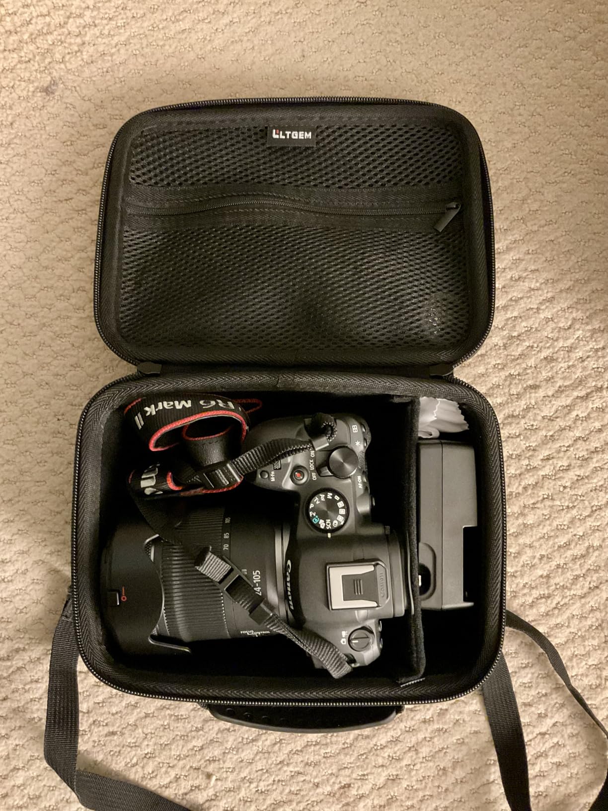 Camera Case Compatible with Canon EOS Rebel T7/R50/R6 Mark II/R100/R50 V/T6/R8/R10/R5 Mark II/RP/R7/5D Mark IV/SL3/R5/T100 DSLR SLR Camera, Len and Tripod with 4 Dividers and Shoulder Strap, Black - Customer Photo 1