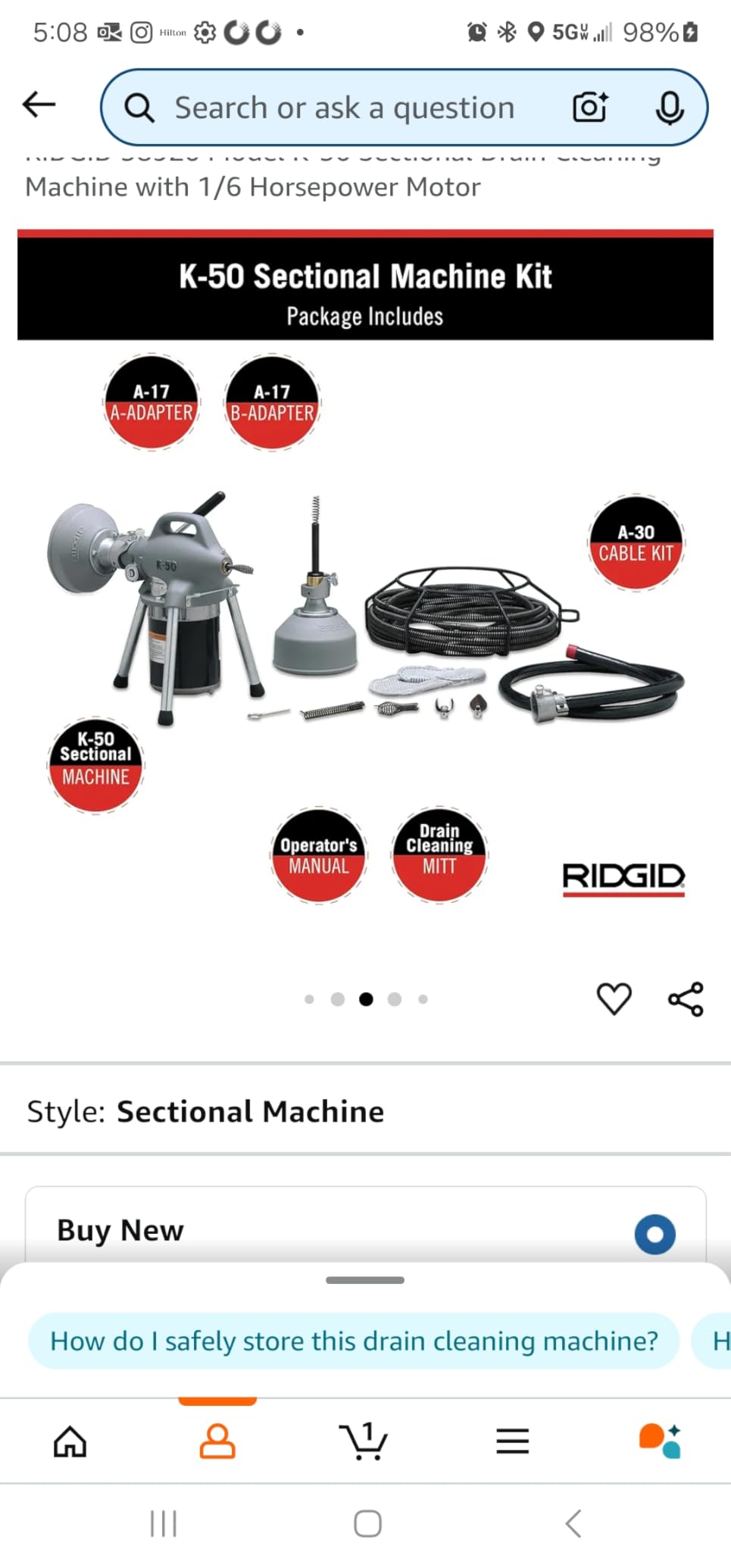 RIDGID 58920 Model K-50 Sectional Drain Cleaning Machine with 1/6 Horsepower Motor - Customer Photo 2