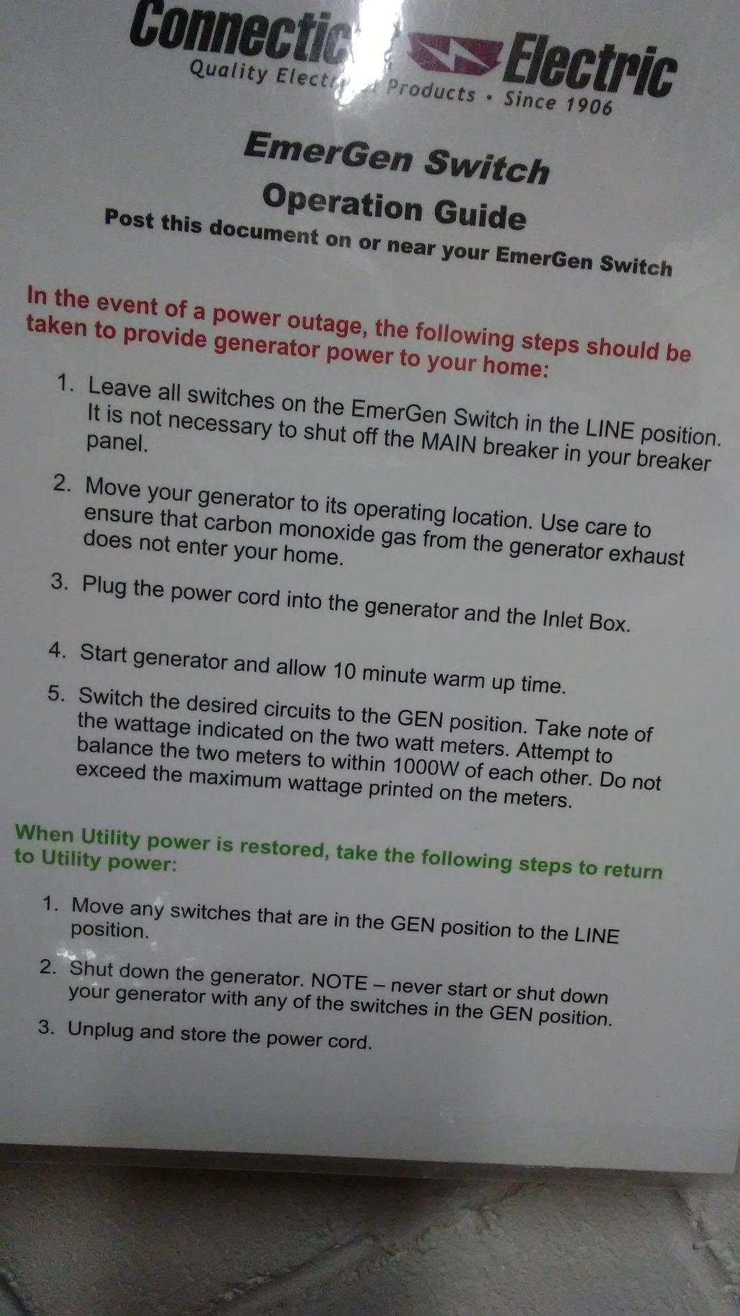 Connecticut Electric EmerGen Transfer Switch Kit - 30 Amp, 10-Circuit, 10-Foot Cord, 7500 Watts, for Generator - Customer Photo 2