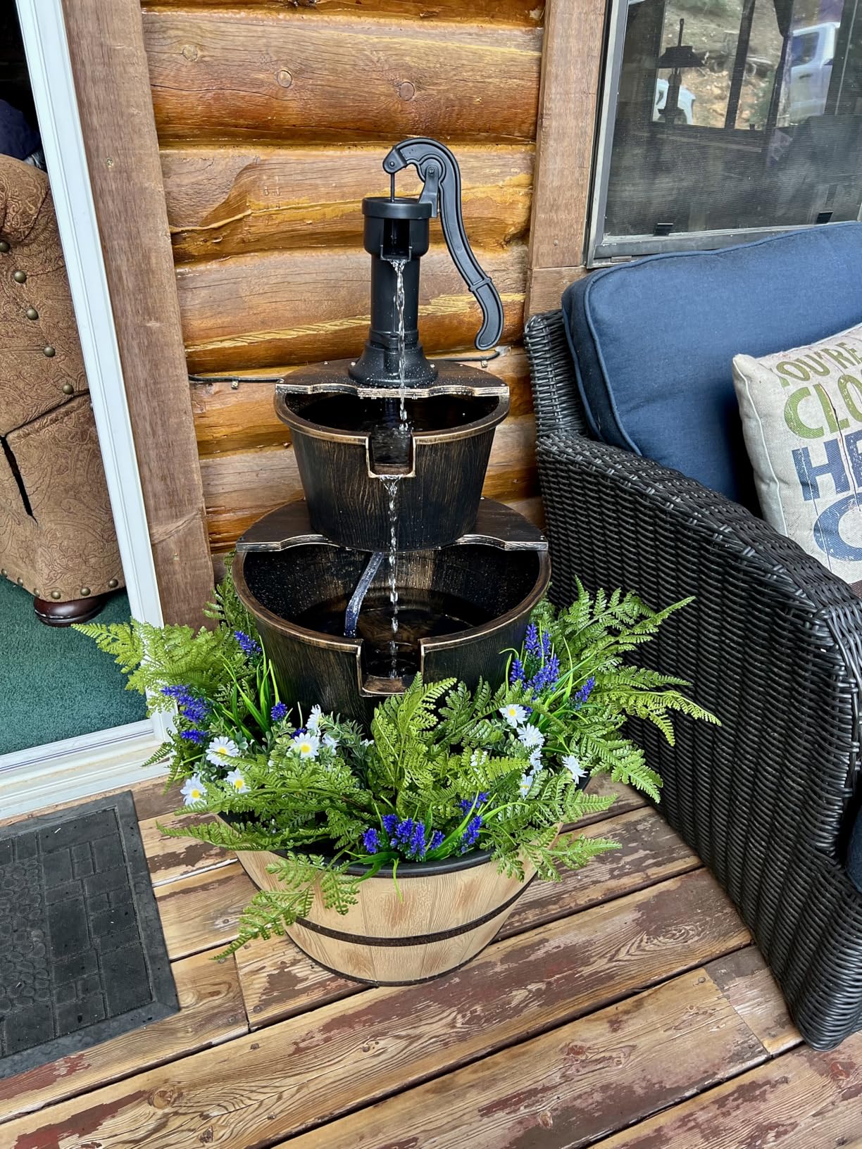 Alpine Corporation 27in Tall Rustic Outdoor 2-Tier Barrel Pump Fountain customer photo 1