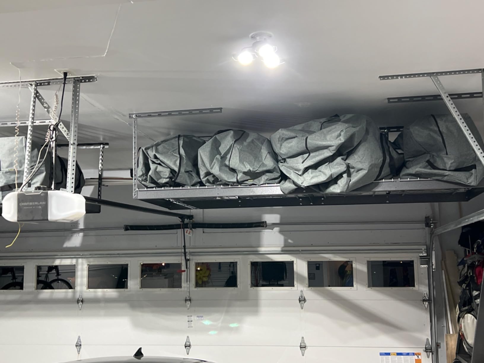 MonsterRax Overhead Garage Storage Rack, 3x8' Heavy Duty Steel, Ceiling Mounted Garage Shelving, Adjustable Hanging Storage Organizer, 450 Pound Capacity, Color: White, Adjusts 12-21