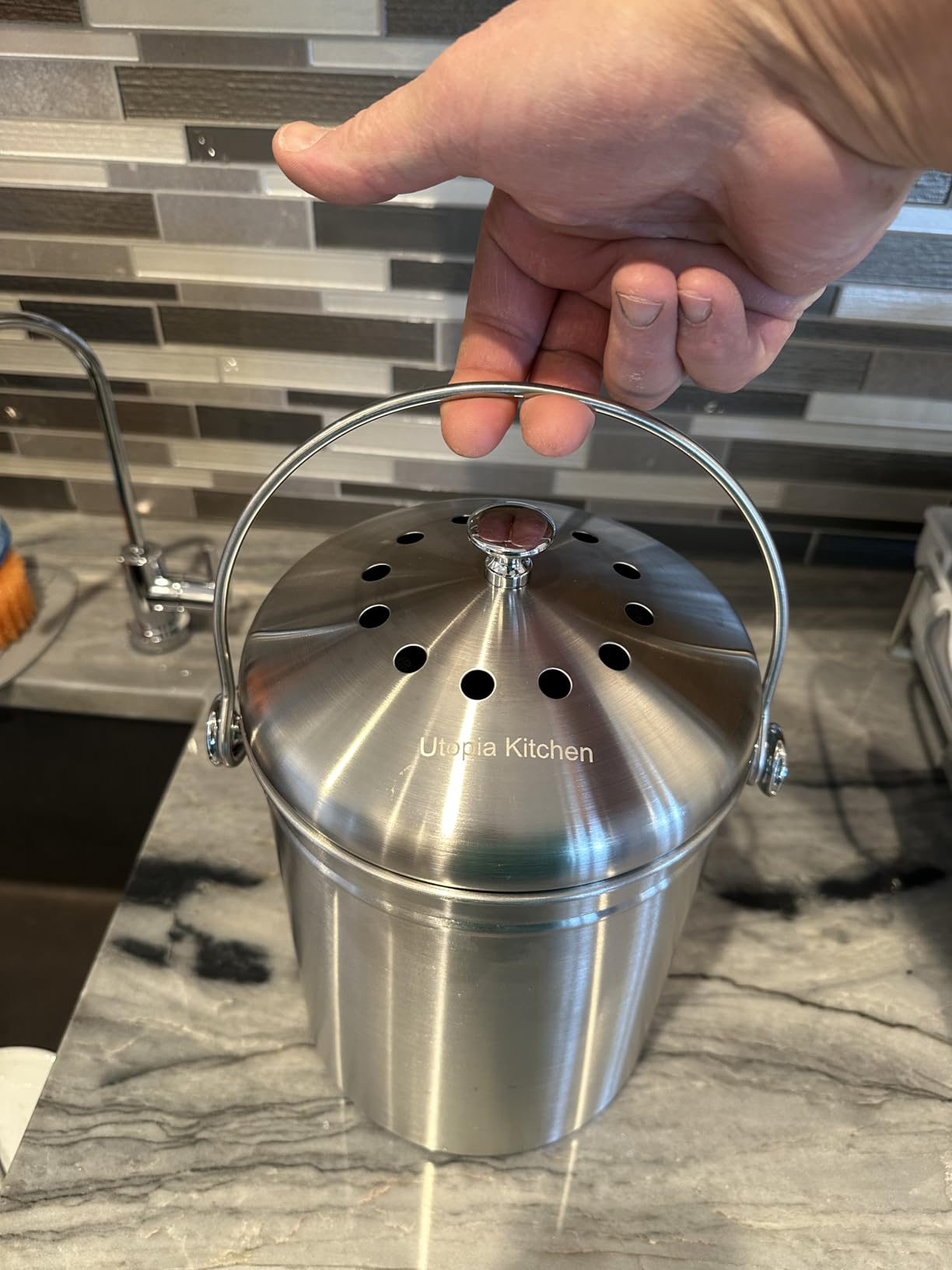 Utopia Kitchen Countertop Compost Bin 1.3 Gallon Stainless Steel | 1.3-gallon stainless steel countertop compost bin with charcoal filter, ideal for kitchen countertop or under-sink use. customer photo 1