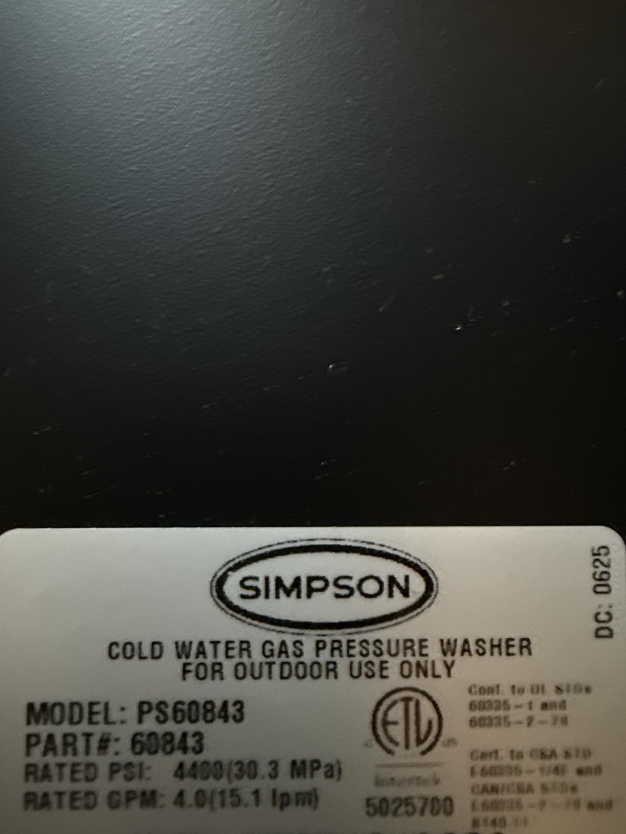 Simpson PowerShot 4400 PSI Gas Pressure Washer, 4.0 GPM, CRX 420cc Engine | Gas Power Washer For Professionals. AAA Triplex Pump, 50' Hose, 5 Nozzles, Welded Steel Frame. 49-State Compliant. PS60843 customer photo 1