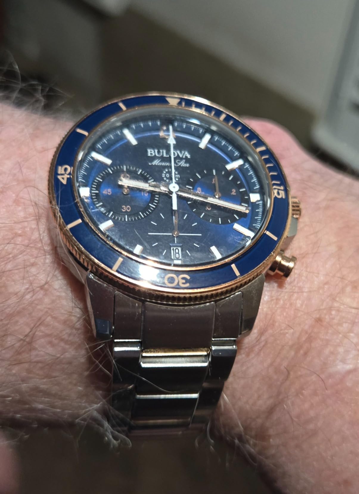Bulova Men's Marine Star Series C Two-Tone Rose Gold Stainless Steel 6-Hand Chronograph Quartz Watch, Blue Dial Style: 98B301 - Customer Photo 1