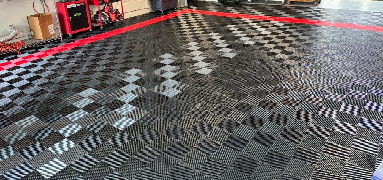 Big Floors RaceDeck Free-Flow Interlocking Garage Flooring Tiles, Non-Slip, Self-Draining, Heavy-Duty, High-Impact Copolymer, Easy Install (Graphite, 48 Pack of 12 x 12