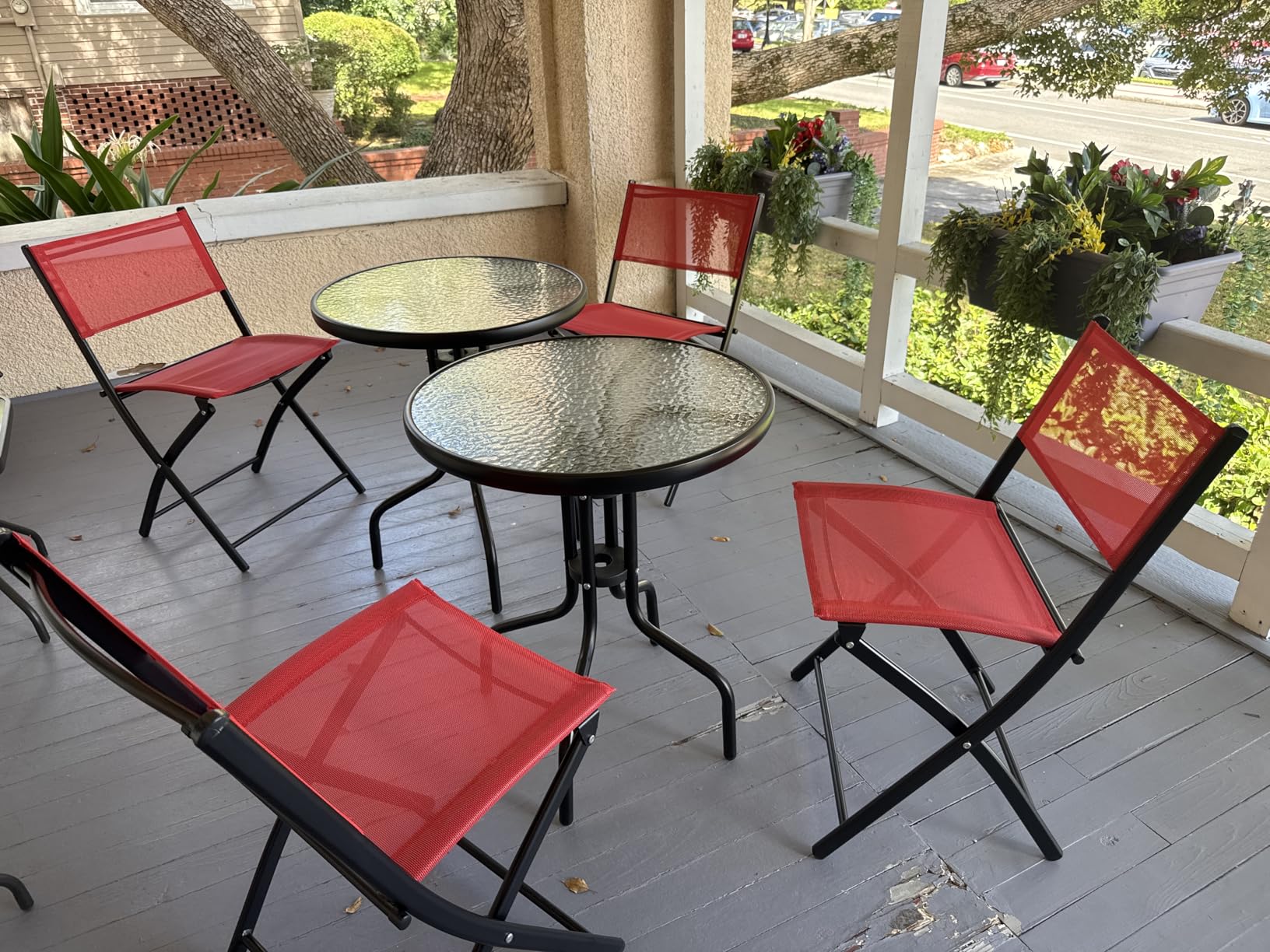 Best Choice Products 3-Piece Patio Bistro Dining Furniture Set w/Glass Tabletop, 2 Folding Chairs, Steel Frame, Polyester Fabric - Gray - Customer Photo 1