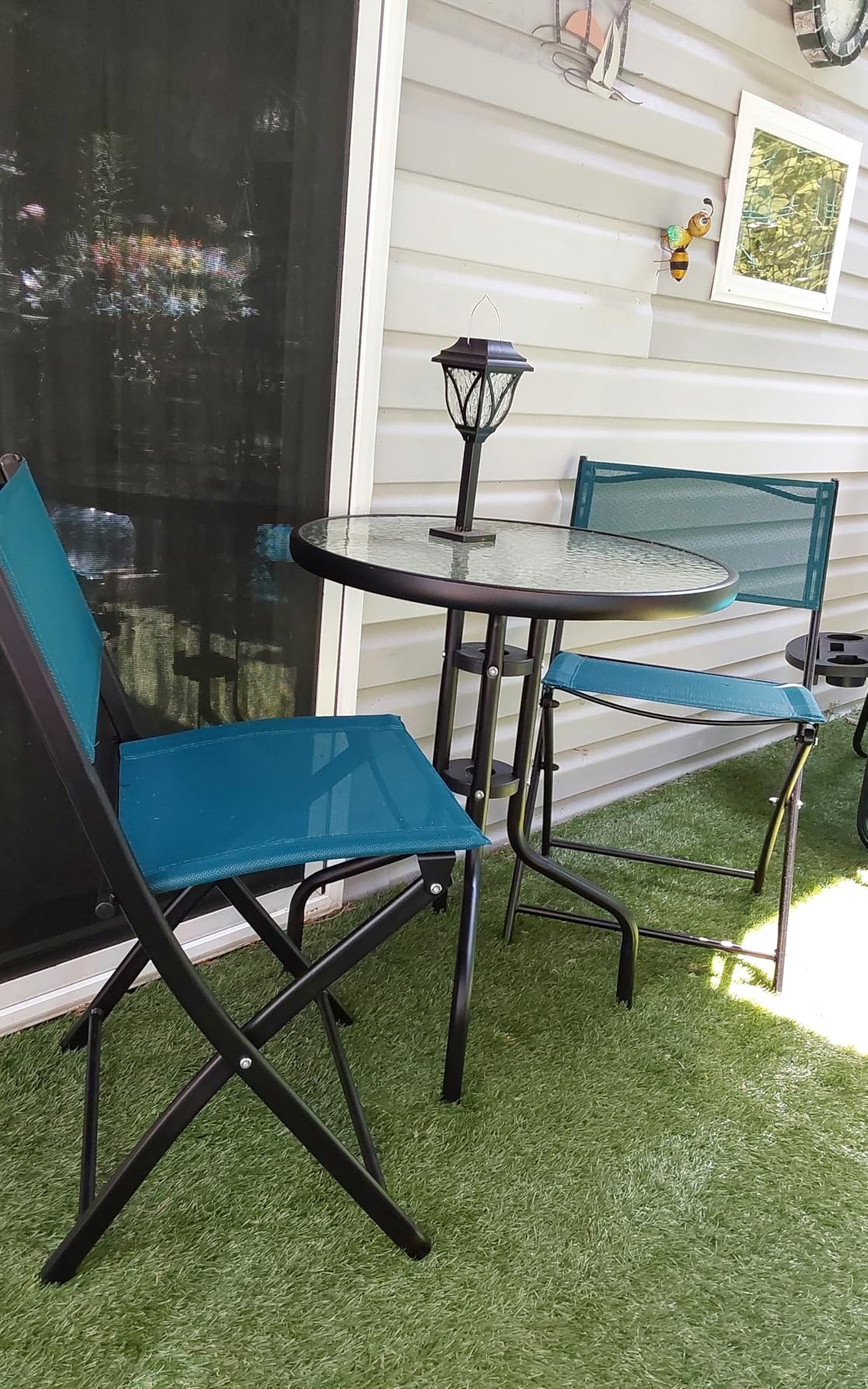 Best Choice Products 3-Piece Patio Bistro Dining Furniture Set w/Glass Tabletop, 2 Folding Chairs, Steel Frame, Polyester Fabric - Gray - Customer Photo 2