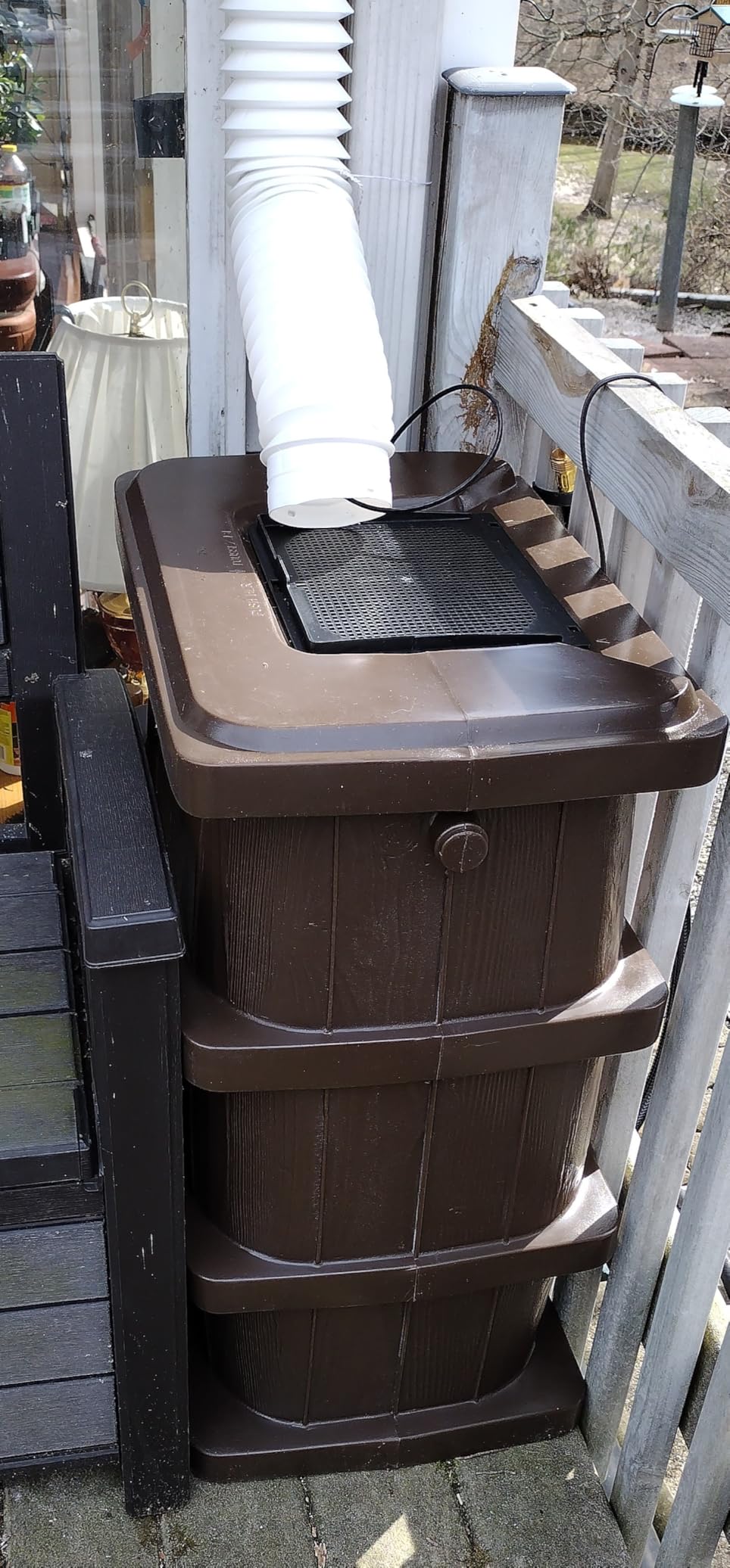 FCMP Outdoor Slim Line Design 45-Gallon Wood Grain Outdoor Home Rain Water Catcher Barrel Flat Back Container with Spigots and Mesh Screen, Brown - Customer Photo 1