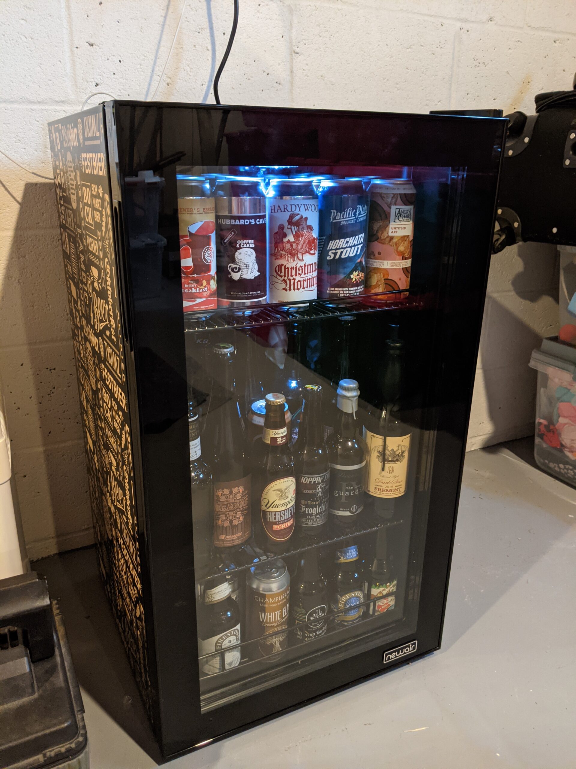 NewAir 126 Can Beverage Refrigerator | Freestanding Mini Fridge for Home Bar or Office | SplitShelf Storage, 32°F Cooling & LED Lighting | 'Beers of the World' Design - Customer Photo 1
