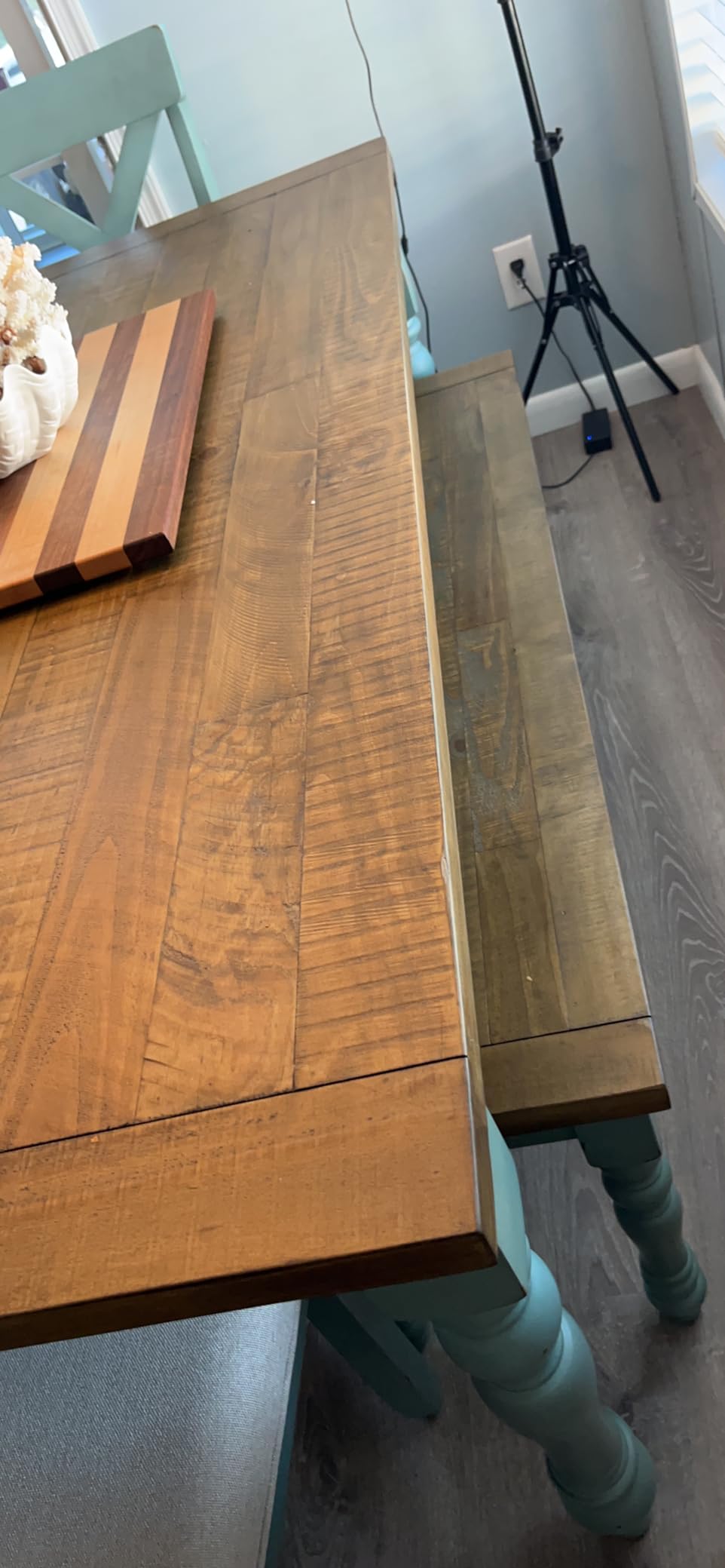 Roundhill Furniture Prato 6-Piece Dining Set, Dining Table with 4 Cross Back Chairs and Bench, Antique Blue and Distressed Walnut Finish - Customer Photo 1