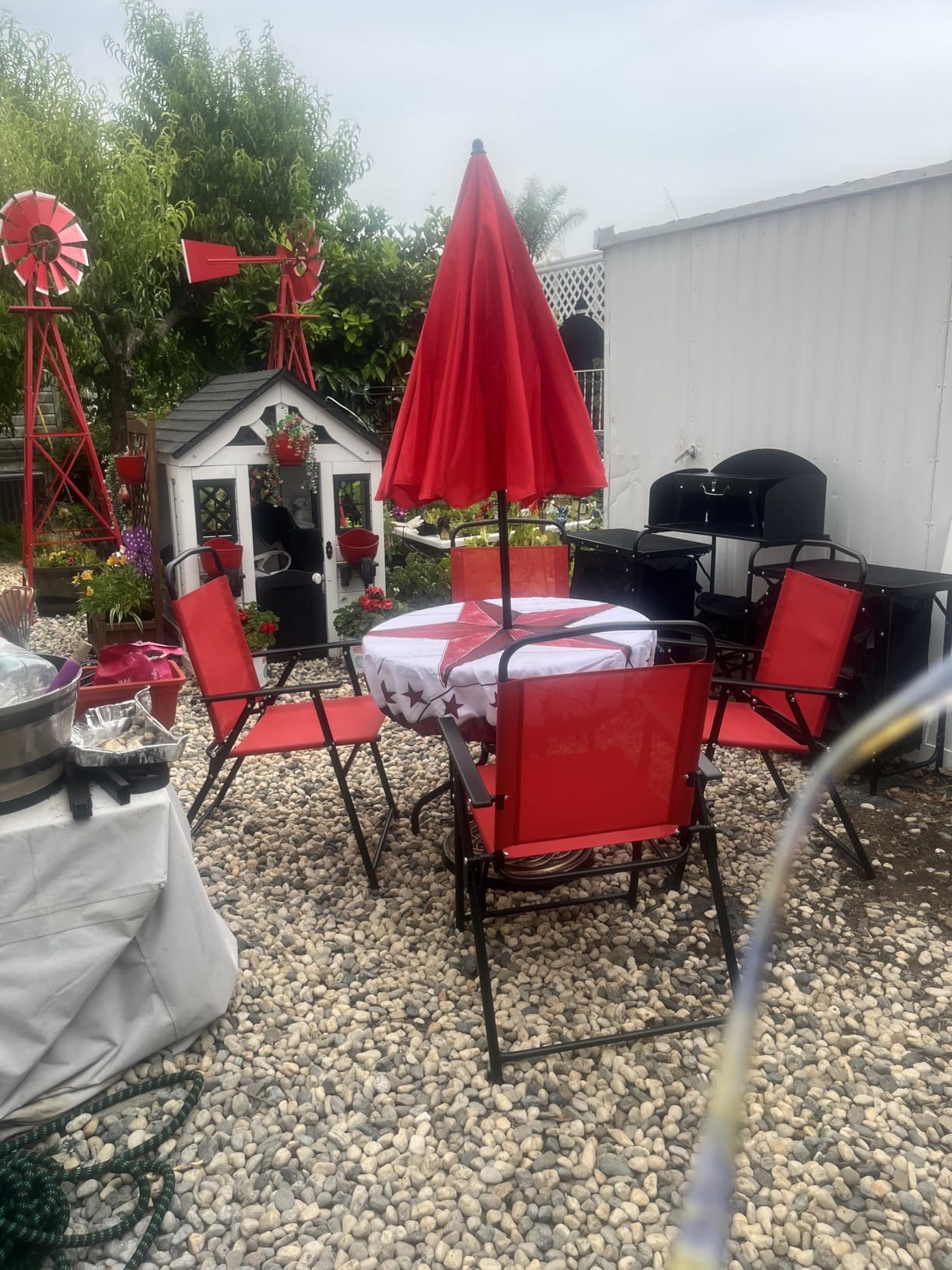 Flash Furniture Nantucket 6-Piece Patio Dining Set with Glass Table, 4 Folding Chairs, and Umbrella, Outdoor Patio Set, Brown - Customer Photo 2