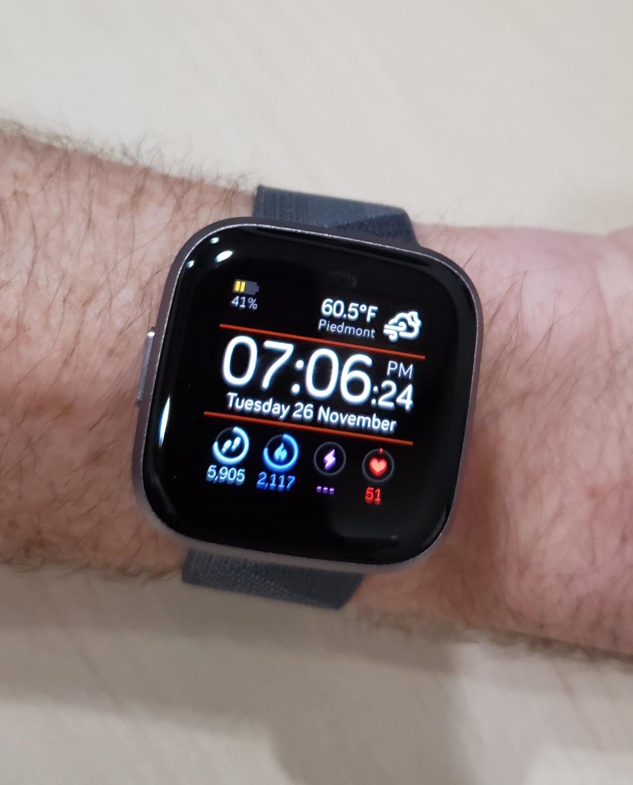 Fitbit Versa 2 Special Edition Health and Fitness Smart Watch with Heart Rate, Music, Alexa Built-In, Sleep and Swim Tracking, Navy and Pink Woven/Copper Rose, One Size (S and L Bands Included) - Customer Photo 1