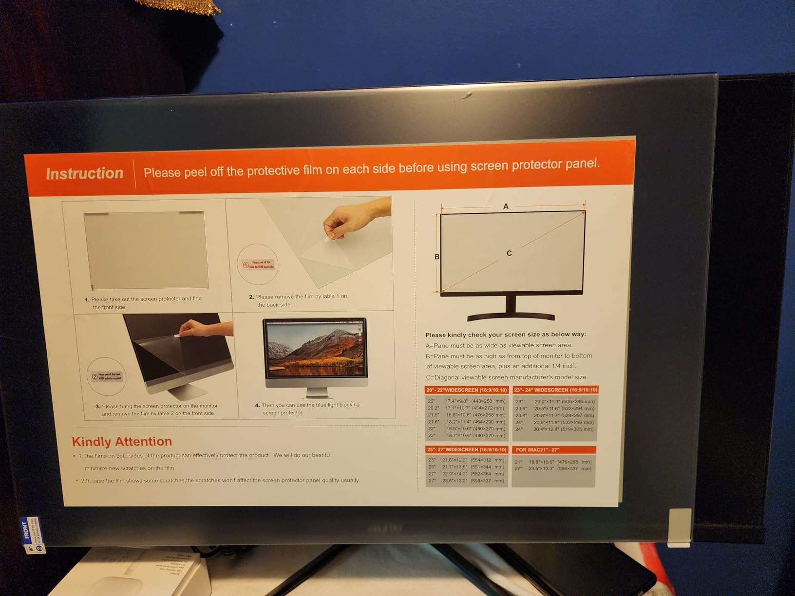 MOSISO 23-24 inch Computer Blue Light Blocking Screen Protector Anti-UV Eye Protection Filter Film Panel for Diagonal 23,23.6,23.8,24 inch 16:9 Widescreen Desktop PC LED Monitor(21.26x13.39 inch/LxW) - Customer Photo 1