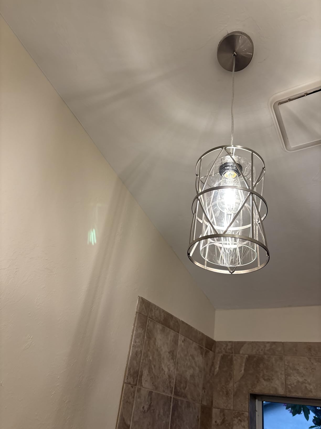 SHENGQINGTOP Modern Brushed Nickel Pendant Light with Frosted Glass, Transitional Metal Pendant Lighting Fixture for Kitchen Island Sink Dining Room Bar, Led Bulb Included - Customer Photo 1