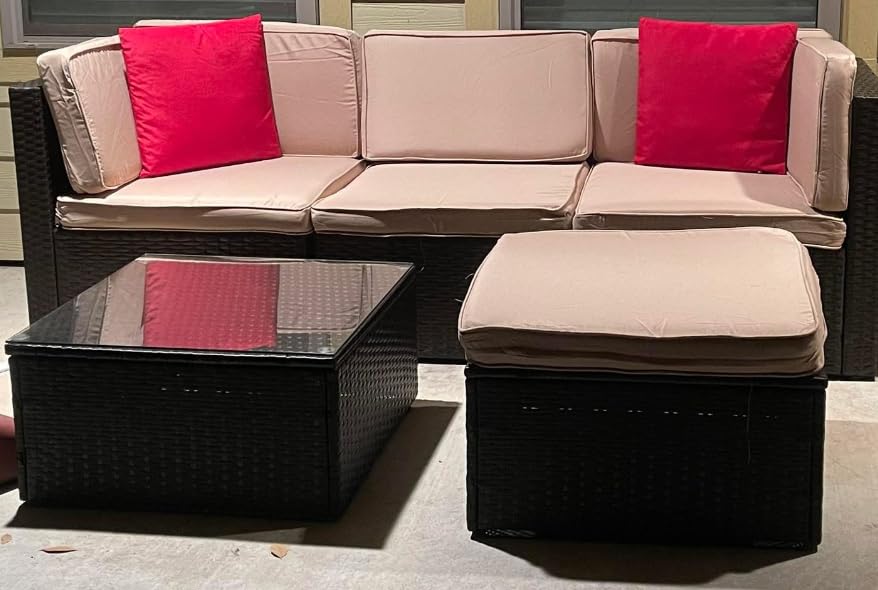 Vongrasig 6 Piece Patio Furniture Set, Small Outdoor Sectional Sofa Couch, All Weather PE Wicker L-Shaped Corner Patio Sofa Garden Backyard Patio Conversation Set w/Glass Table, Beige - Customer Photo 3