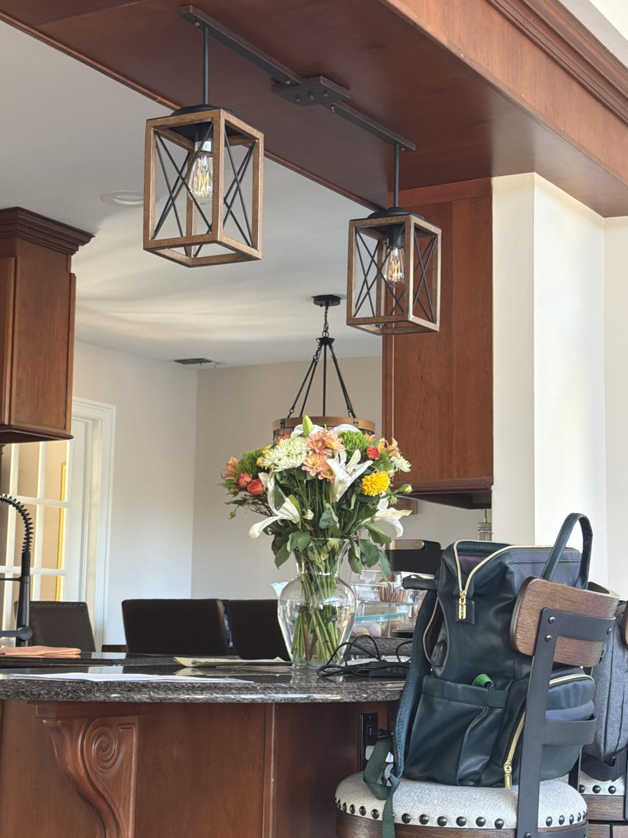 DEWENWILS Farmhouse Pendant Light, Metal Hanging Light Fixture with Wooden Grain Finish, 48 Inch Adjustable Pipes for Flat and Slop Ceiling, Kitchen Island, Bedroom, Dining Hall, E26 Base customer photo 1