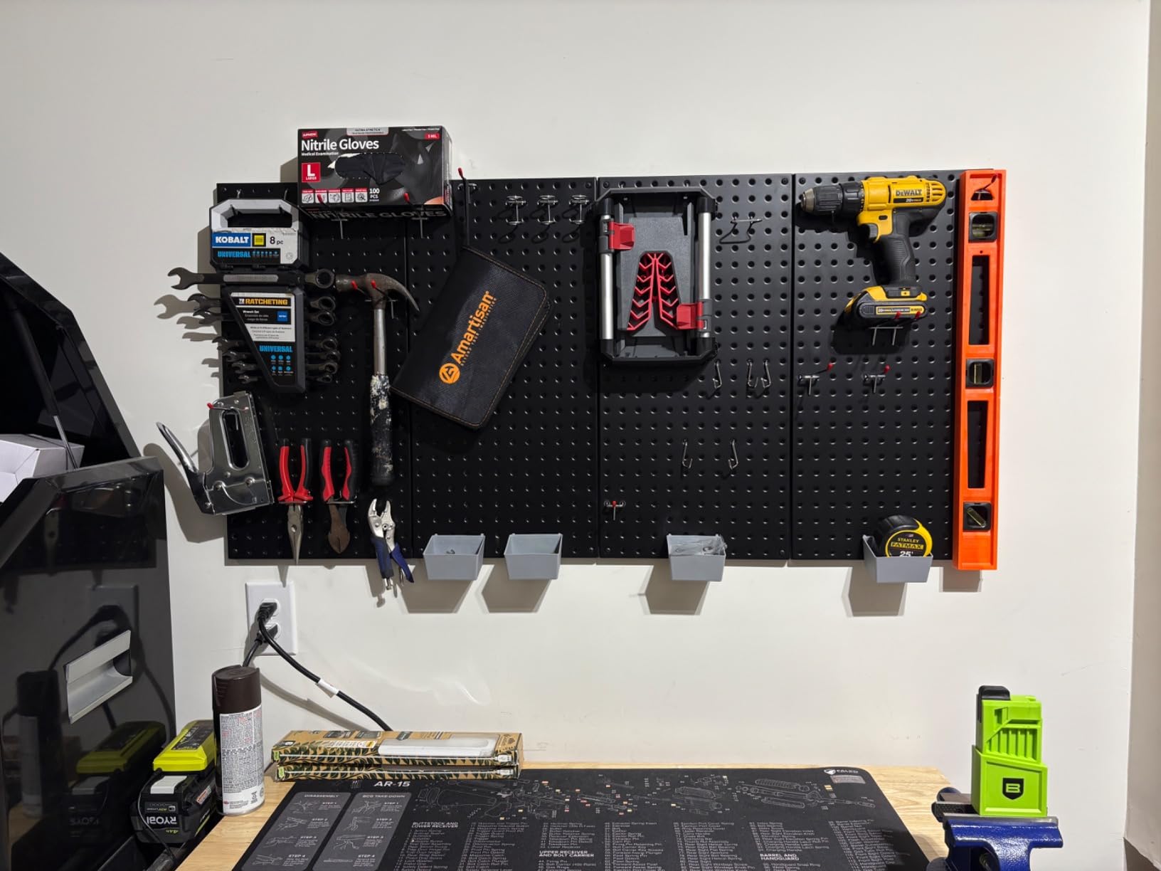 Wallmaster Pegboard Organizer Garage Storage - 48pcs Pegboard Hooks Set, Pegboard Tool Organizer with 48x24 Inch Steel Peg Board & 4 Storage Bins (Black) - Customer Photo 1
