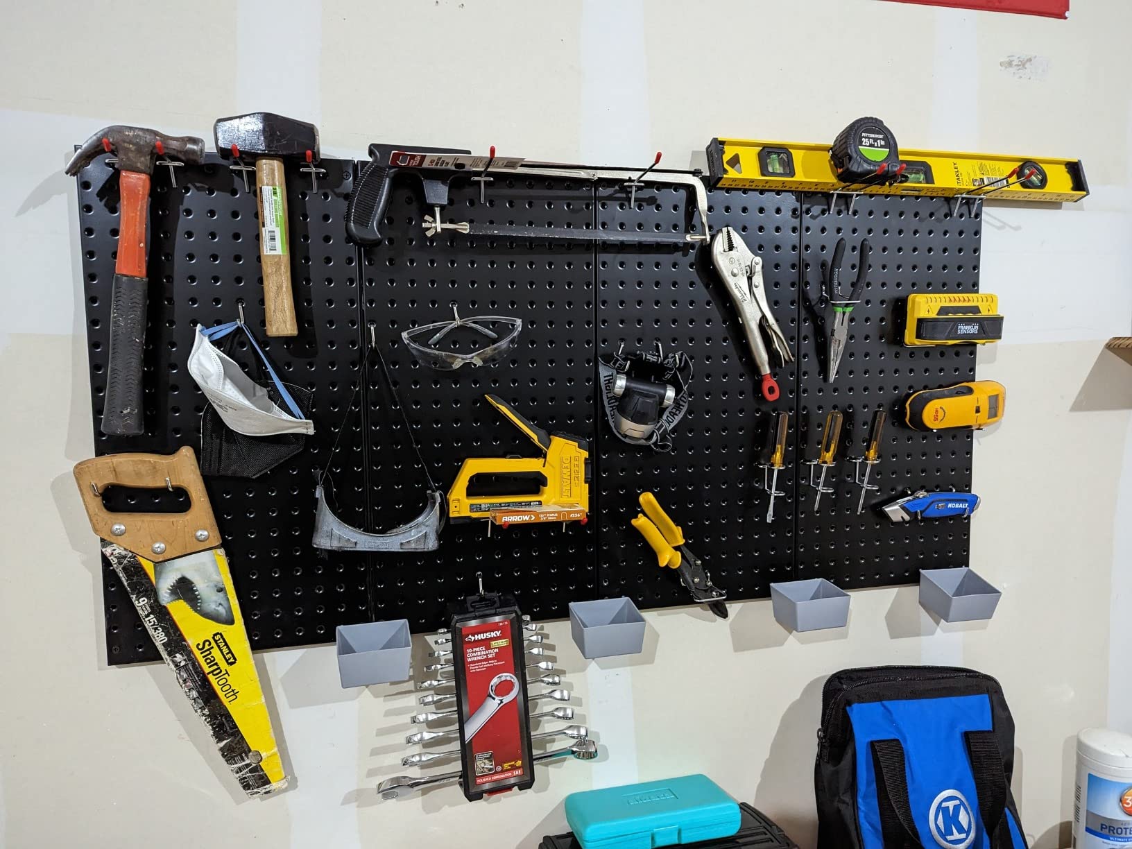 Wallmaster Pegboard Organizer Garage Storage - 48pcs Pegboard Hooks Set, Pegboard Tool Organizer with 48x24 Inch Steel Peg Board & 4 Storage Bins (Black) - Customer Photo 2