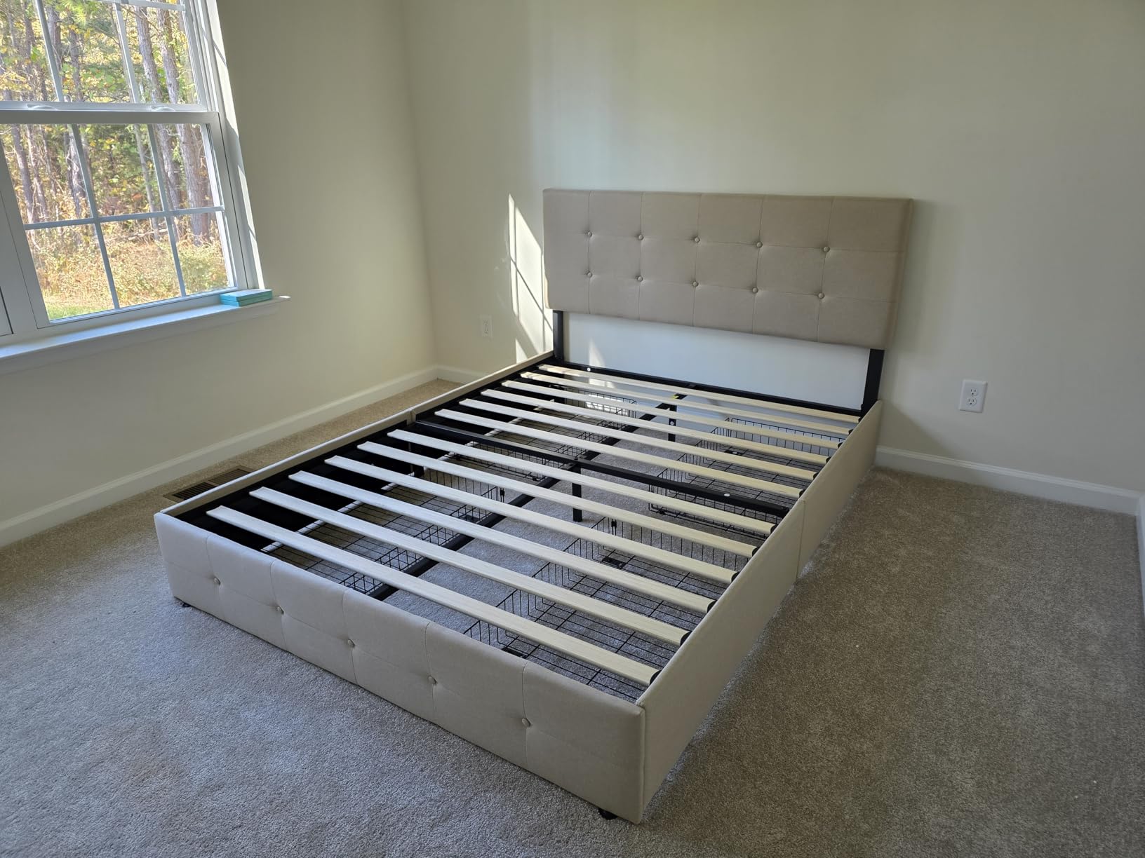 Allewie Upholstered Queen Size Platform Bed Frame with 4 Storage Drawers and Headboard, Square Stitched Button Tufted, Mattress Foundation with Wooden Slats Support, No Box Spring Needed, Light Grey - Customer Photo 1