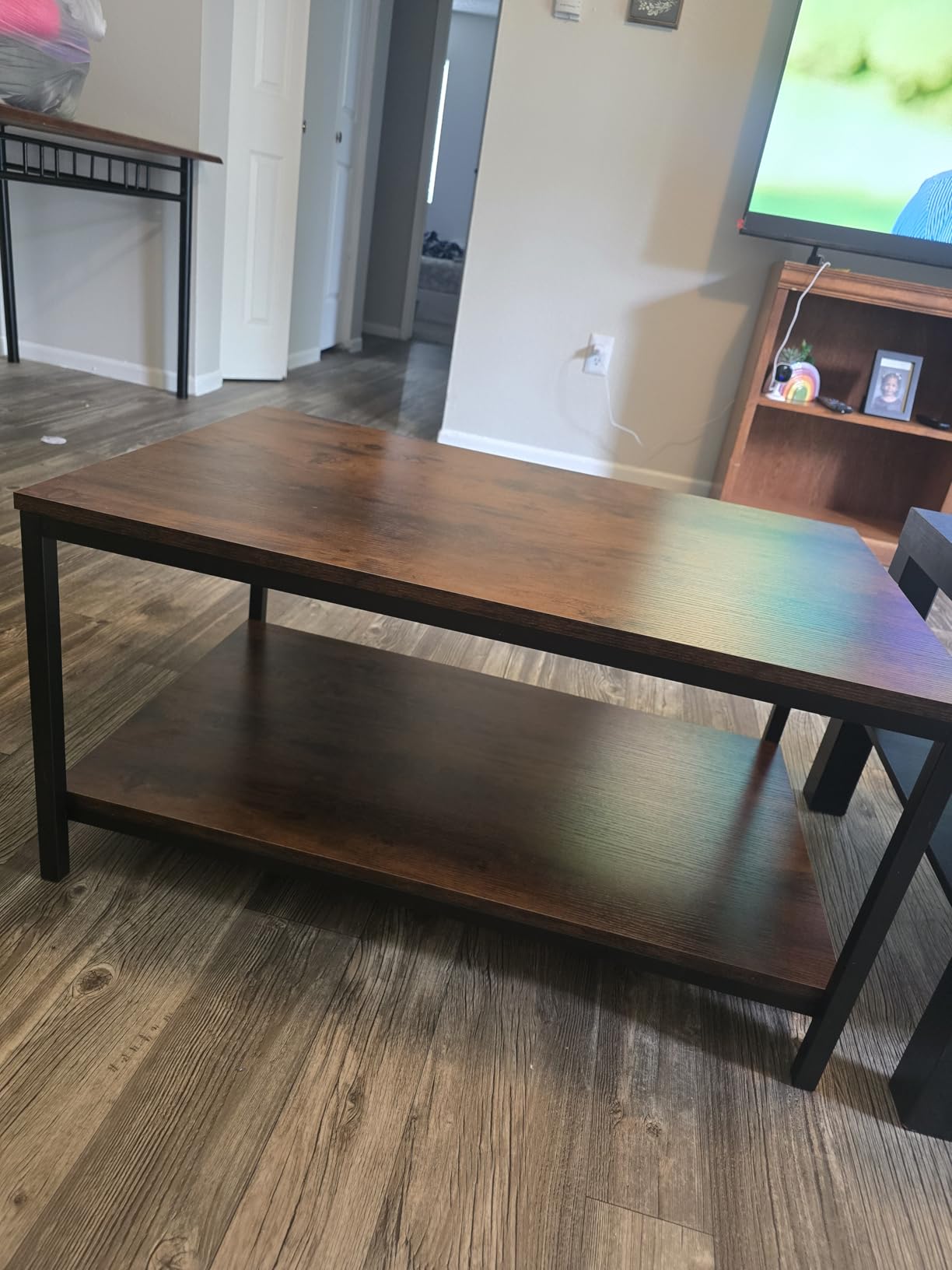 SUPER DEAL 2-Tier Industrial Coffee Table with Storage Shelf for Small Apartment Living Room, Rectangle Wood and Stable Metal TV Stand Side End Table, Rustic Brown - Customer Photo 2