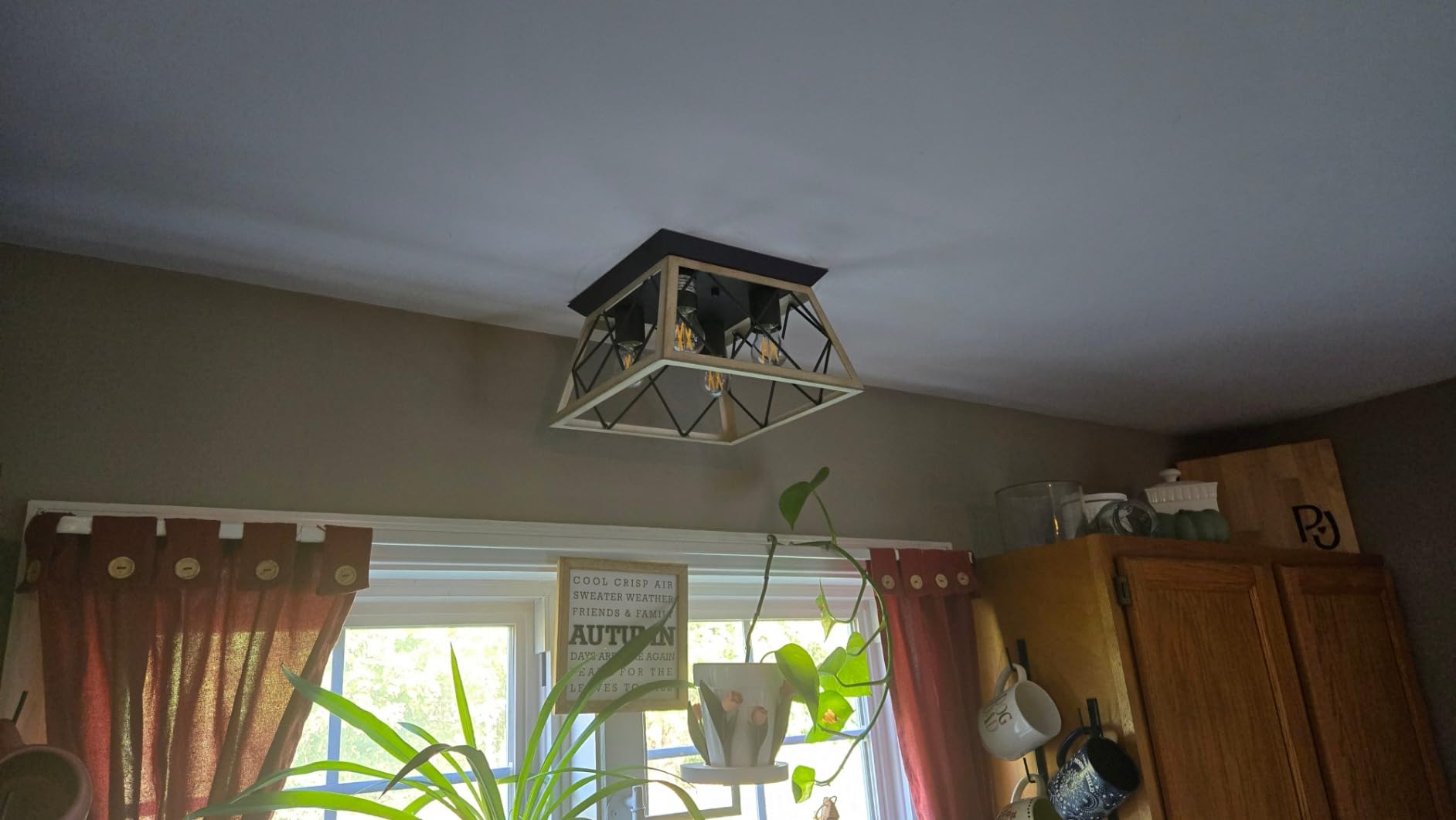 Q&S Farmhouse Ceiling Light Oak Semi Flush Mount Vintage 4-Light Square Rustic Island Light Fixtures for Entryway Hallway Dining Room Living Room Bedroom - Customer Photo 1