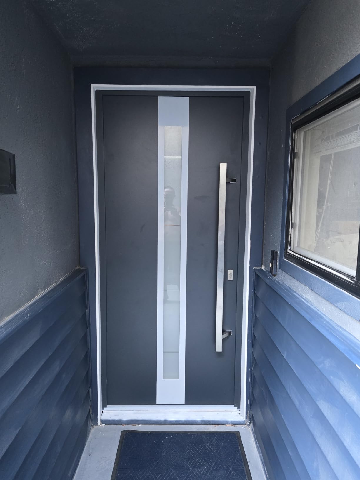 VDOMDOORS Modern Steel Front Exterior Door 36 x 80 inch | Prehung Insulated Security Entry Door with Frosted Glass Insert, Painted Gray Graphite, Right-Hand Inswing - Customer Photo 1