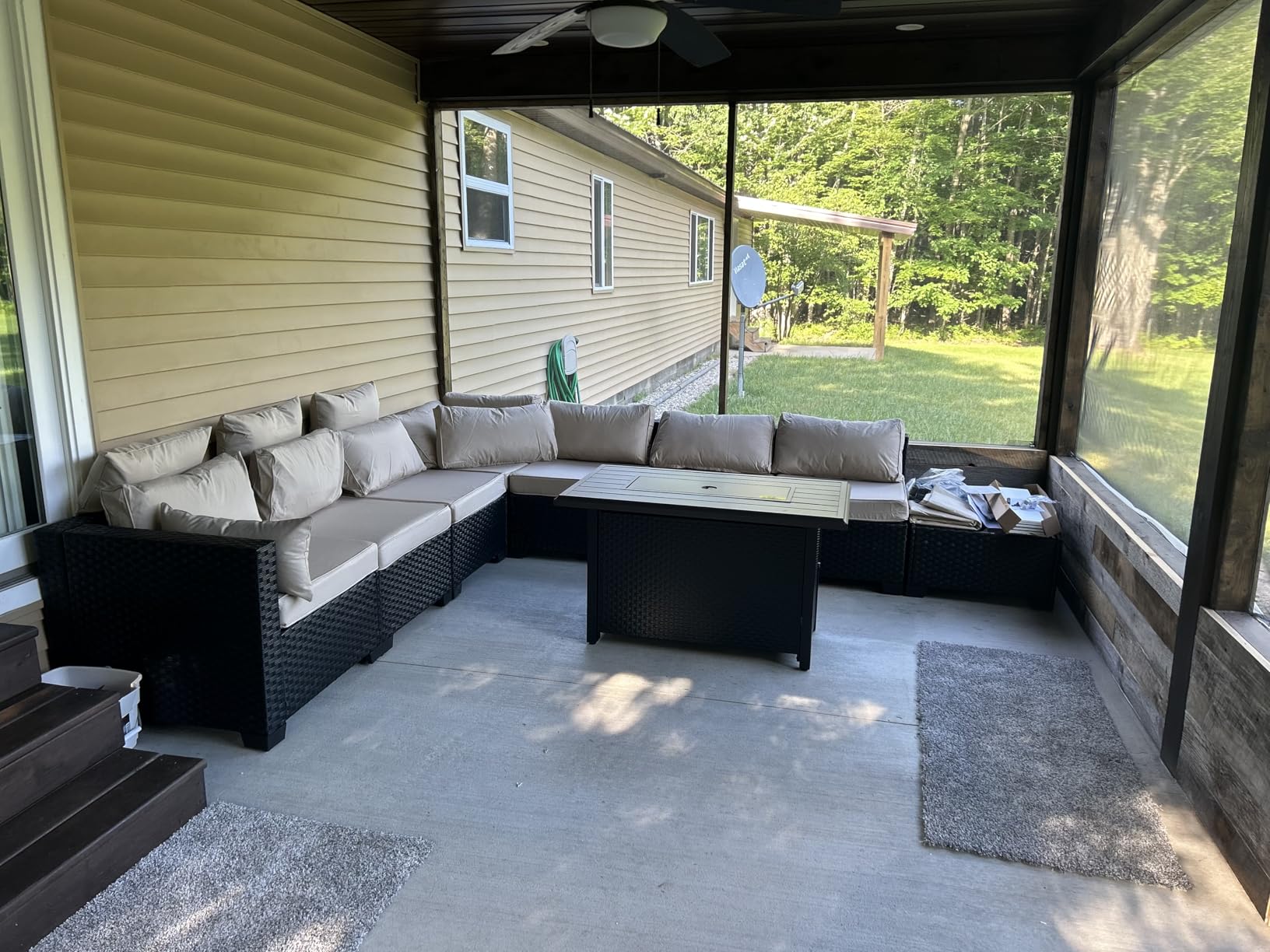 10 Pieces Outdoor Sectional All-Weather Wicker Patio Furniture Set Patio Sectional and Steel Fire Table and Glass Patio Table Non-Slip Cushions and Waterproof Covers, Navy Blue - Customer Photo 1