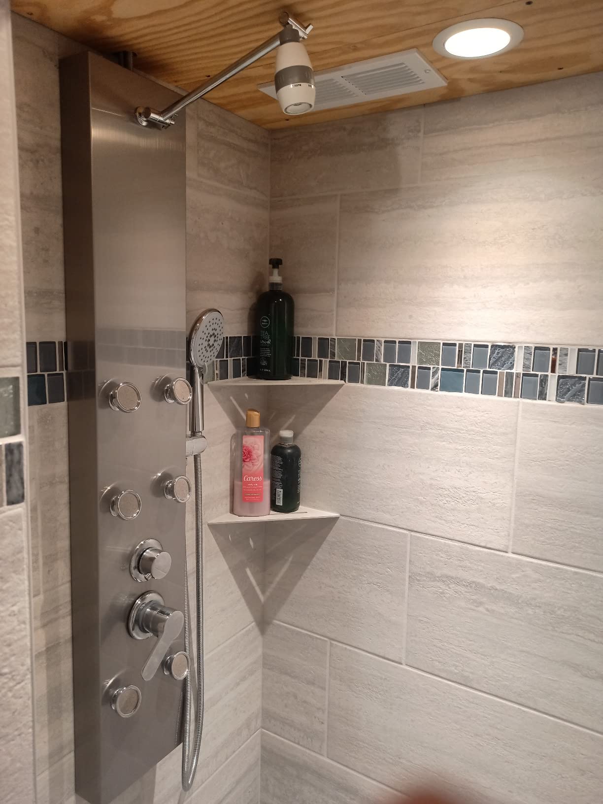 ROVOGO Tempered Glass Shower Panel System with Rainfall Shower, 6 Body Jets, Handheld Wand and Tub Spout, Shower Tower with Height Adjustable Shower Arm, White - Customer Photo 1