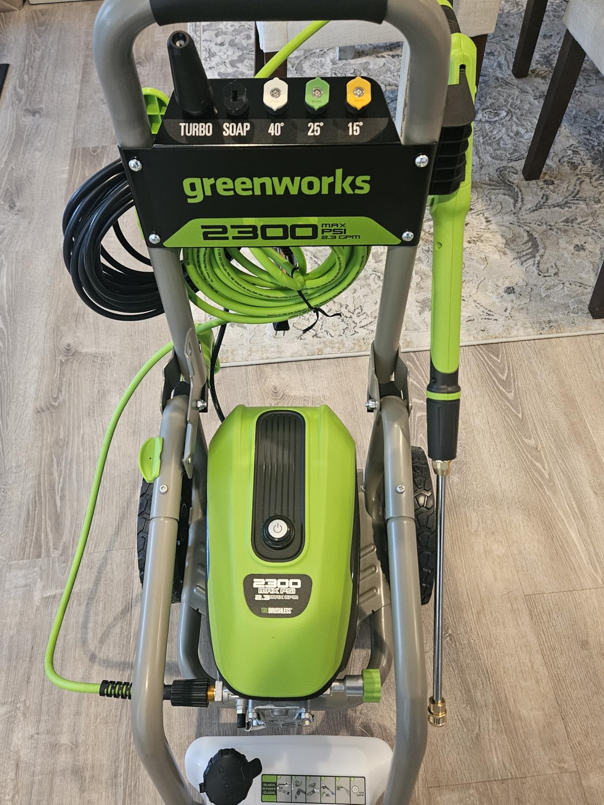 Greenworks 2300 PSI TruBrushless (2.3 GPM) Electric Pressure Washer, 25' Hose, Quick Connect Wand, 15, 24, 40 Degree Soap and Turbo Nozzle - Customer Photo 1