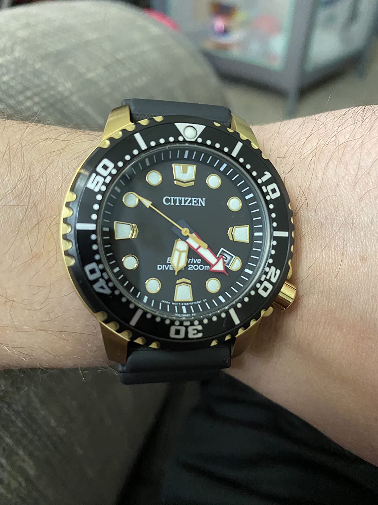 Citizen Promaster Dive Eco-Drive Watch, 3-Hand Date, ISO Certified, Luminous Hands and Markers, Rotating Bezel, Black/Gold Tone - Customer Photo 1