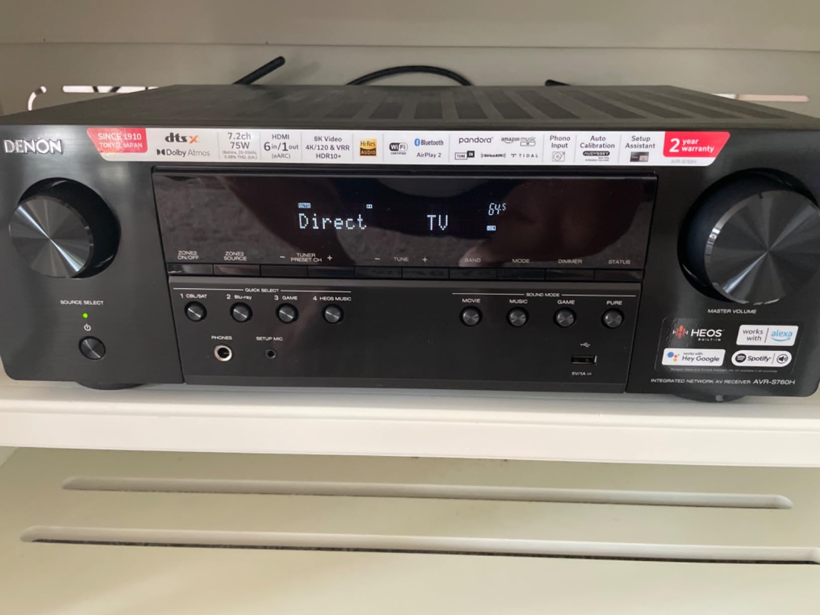 Denon AVR-S760H 7.2 Ch AVR - 75 W/Ch (2021 Model), Advanced 8K Upscaling, Dolby Atmos Height Virtualization, DTS Virtual:X & More, Built-in HEOS, Amazon Alexa Voice Control - Customer Photo 1