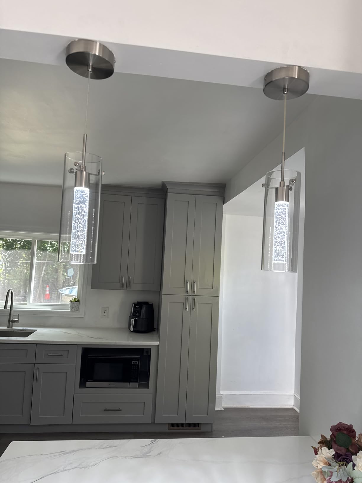 Esfos Pendant Ceiling Light Fixture, LED Kitchen Lighting Crystal Pendant Lights Kitchen Island, 1-Light Integrated Kitchen Hanging Light Fixture Modern Island Light with Bubble Glass Three Pack - Customer Photo 2