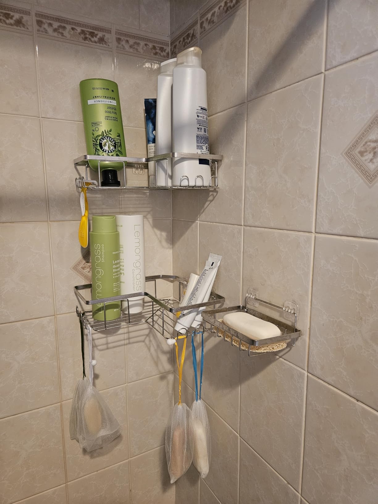 YASONIC Corner Adhesive Shower Caddy, with Soap Holder and 12 Hooks, Rustproof Stainless Steel Bathroom Organizer, No Drilling Wall Mounted Rack, Black, 3-Pack - Customer Photo 1