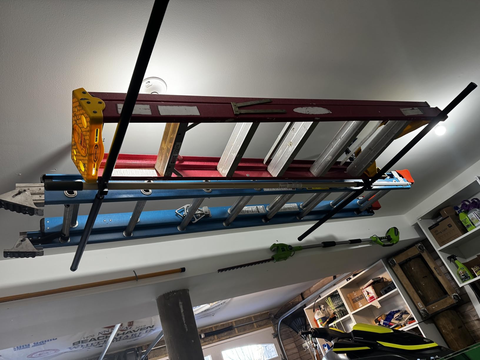 StoreYourBoard Adjustable Overhead Ladder Rack – Garage Organizer Ladder Shelf for Step & Extension Ladders - Storage Racks and Shelving for Garage Organization - Ceiling Mounted - Holds 75 lbs - Customer Photo 1