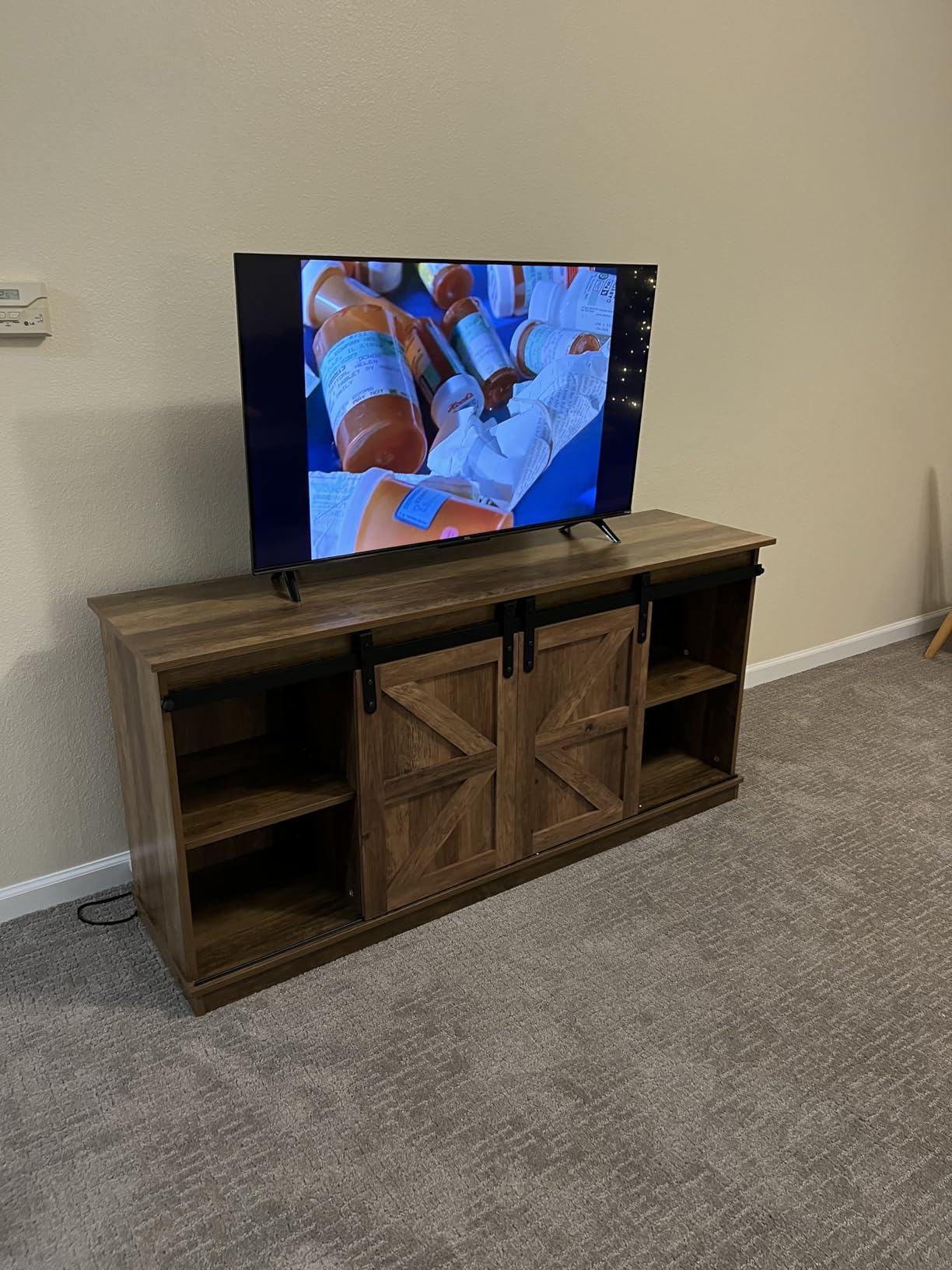 JUMMICO TV Stand for 65 Inch TV, Entertainment Center with Storage Cabinets and Sliding Barn Doors, Mid Century Modern Media TV Console Table for Living Room Bedroom (Bright White) - Customer Photo 4