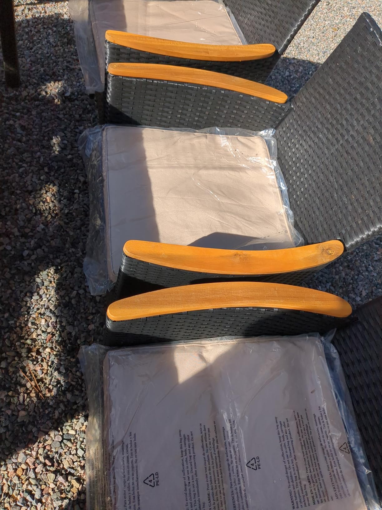 Devoko Dining 7 PCS Furniture, Patio Conversation Set with Acacia Wood Table Top, Outdoor, Beige Cushion and Black Rattan - Customer Photo 2