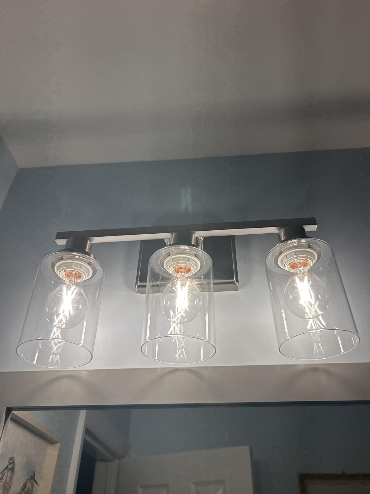 Ascher Bathroom Vanity Light Fixtures, 3 Light Wall Sconces Lighting with Clear Glass Shade, Brushed Nickel Wall Lights for Mirror, Kitchen, Living Room, Gallery, E26 Base (Bulbs Not Included) - Customer Photo 2
