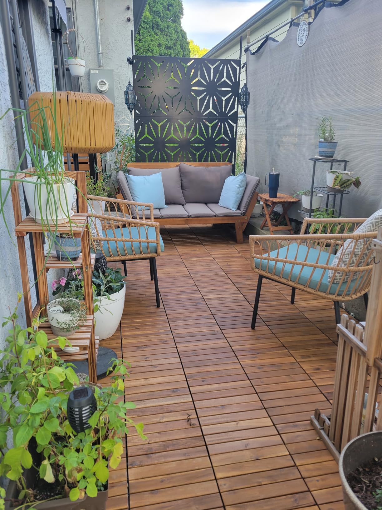 Idzo Interlocking Deck Tiles 9.6 SQFT - 10PCS Waterproof Acacia Wood Patio, Flooring Panels for Indoor and Outdoor - Decking Checker Pattern, 11.81 x 11.81 x 0.91 Inches, Golden - Customer Photo 2