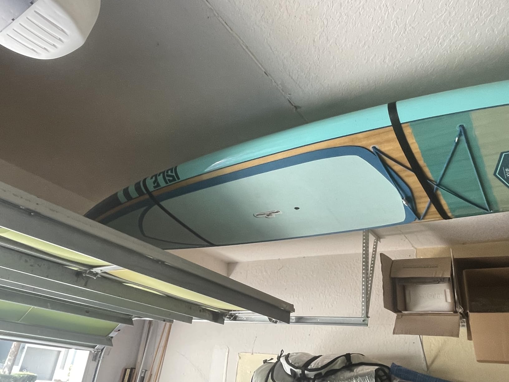 Teal Triangle Pulley Hoist for Kayaks, Canoes, and Paddleboards - Heavy Duty Garage Storage Lift - Kayak Hanger Holds 150 lbs and Fits 10-14 ft Tall Garage Ceilings - Customer Photo 1