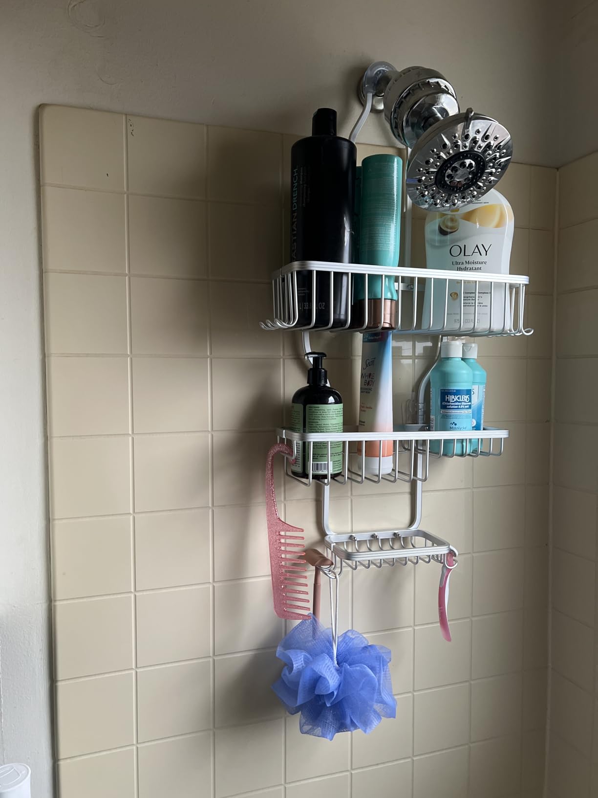 YASONIC Shower Caddy Hanging - Never Rust Shower Organizer - Aluminum Over The Head Caddy with 10 Hooks for Razor/Sponge - Rack with Soap Basket - Silver - Customer Photo 2