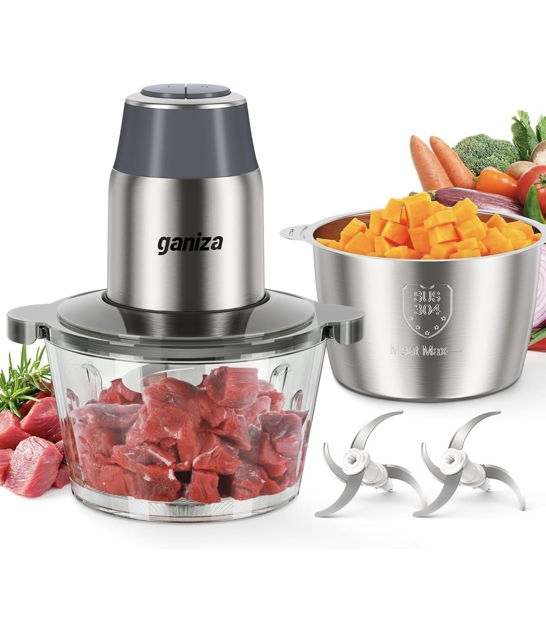 GANIZA Food Processors, Electric Food Chopper with Meat Grinder & Vegetable Chopper - 2 Bowls (8 Cup+8 Cup) with Powerful 450W Copper Motor - Includes 2 Sets of Bi-Level Blades for Fruits/Meat/Nuts - Customer Photo 1