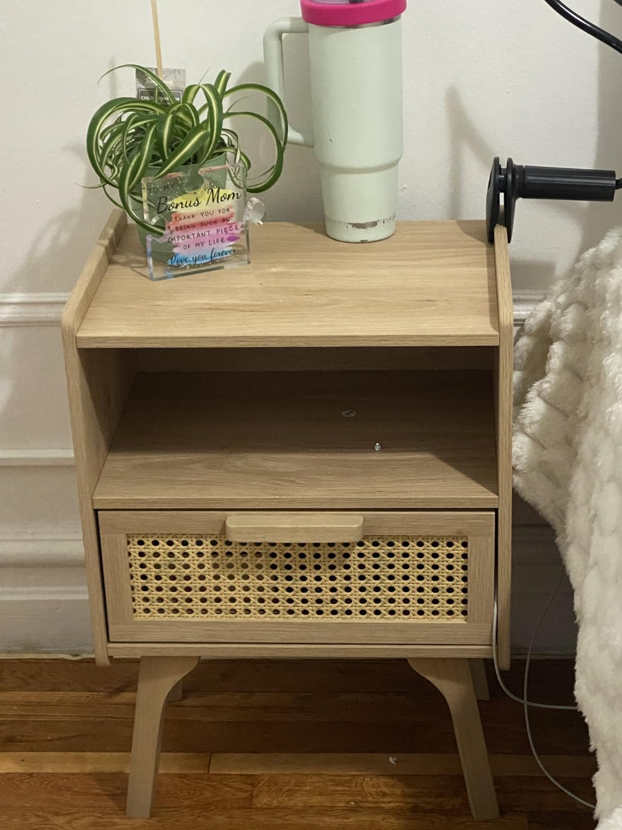 Lerliuo Rattan Nightstand, Boho Side Table with Drawer Open Shelf, Cane Accent Bedside End Table with Solid Wood Legs for Bedroom, Dorm and Small Spaces (Natural) - Customer Photo 1