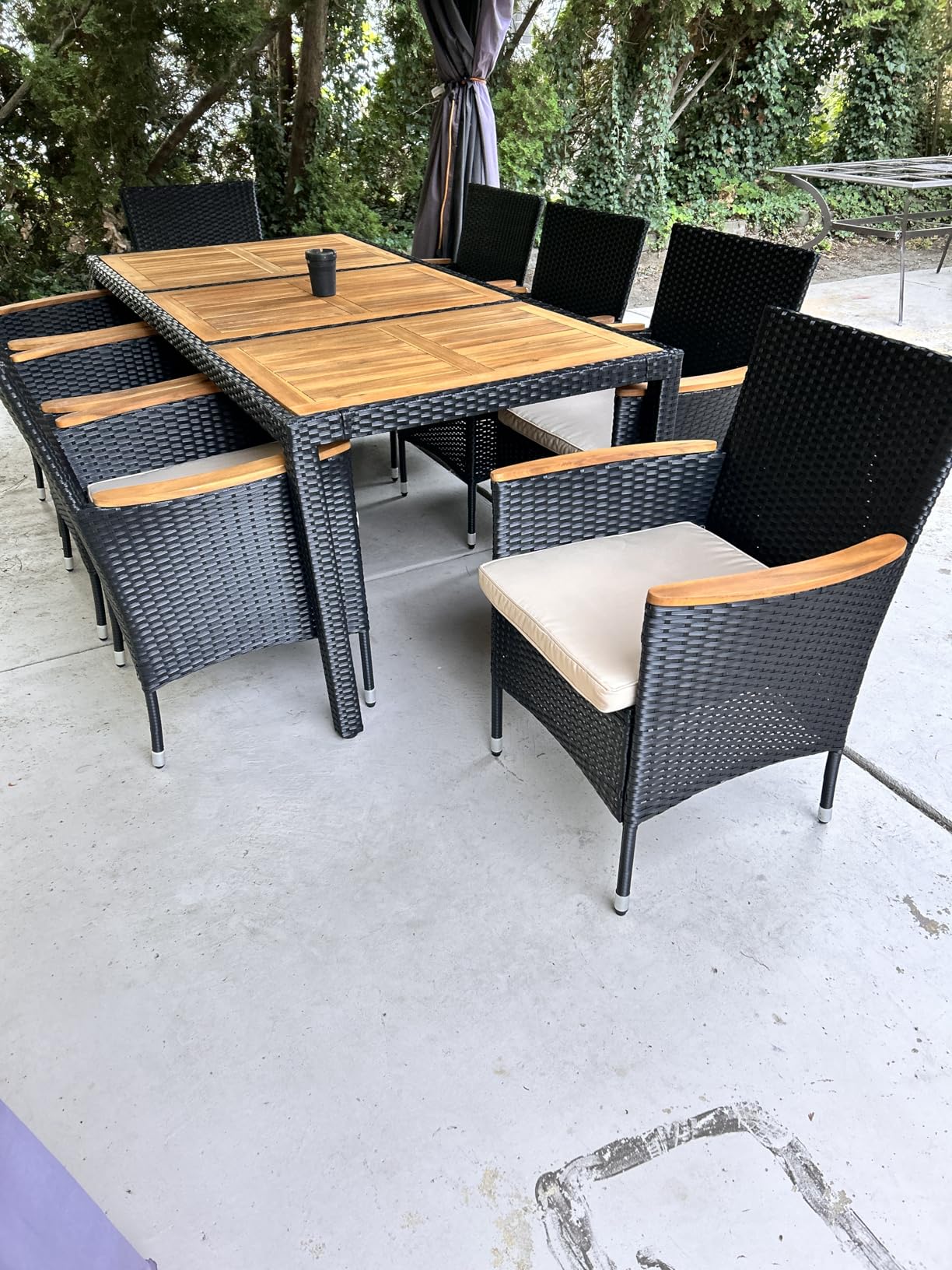 Flamaker 7 Piece Patio Dining Set Outdoor Acacia Wood Table and Chairs with Soft Cushions Wicker Patio Furniture for Deck, Backyard, Garden - Customer Photo 2