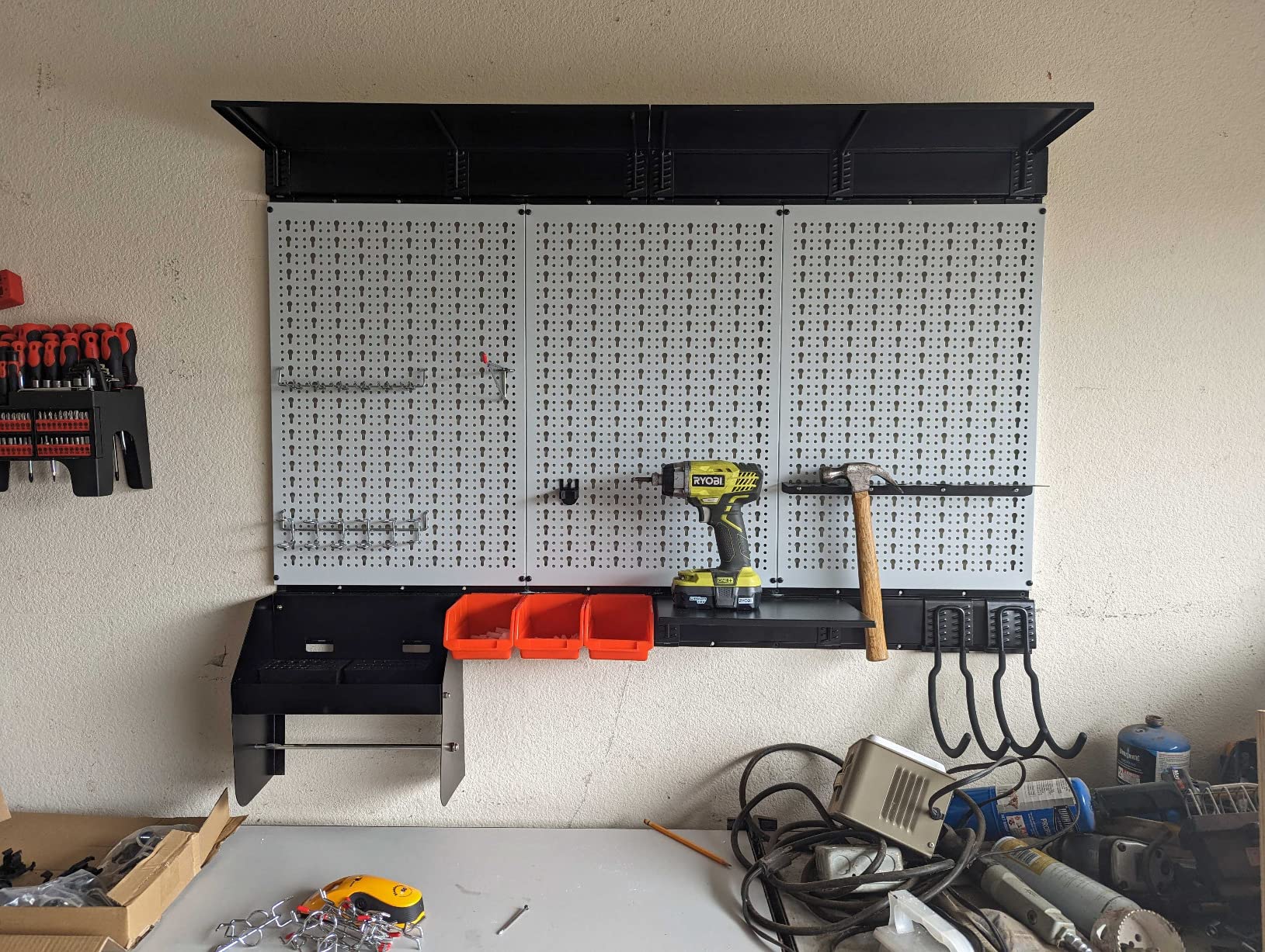 Ultrawall Peboard Storage Organizer, 48x36 inch Pegboard Wall Organizer, Metal Garage Peg Board with Toolboard, Utility Hooks, Overhead Shelf, 105pcs - Customer Photo 2