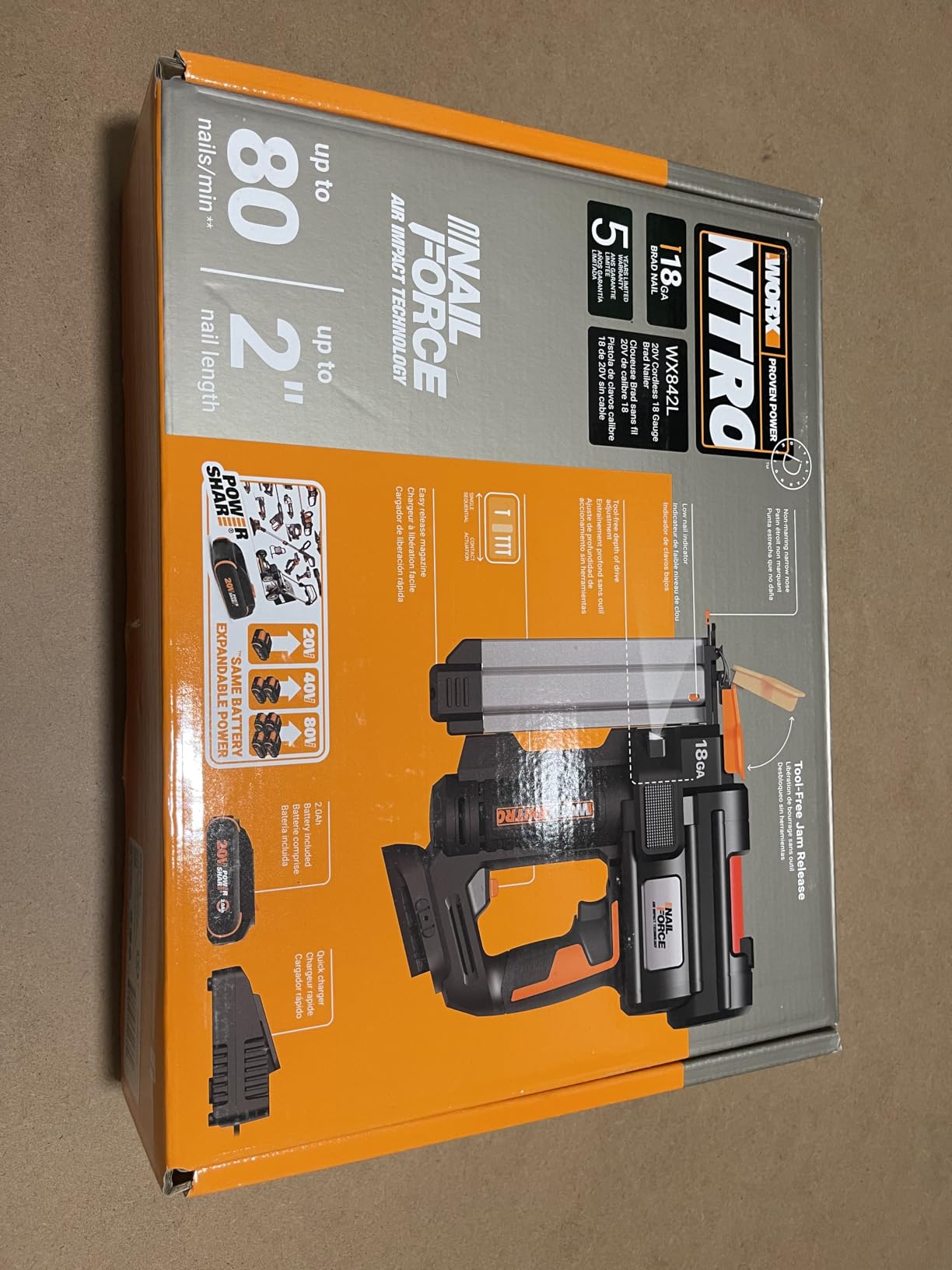 Worx Nitro 20V 18GA Cordless Brad Nailer, Cordless Nail Gun, Nail Gun Battery Powered, Up to 2 Inch, Tool-Free Jam Release, Trimming & Molding, Baseboard WX842L PowerShare – Battery, Charger Included - Customer Photo 2