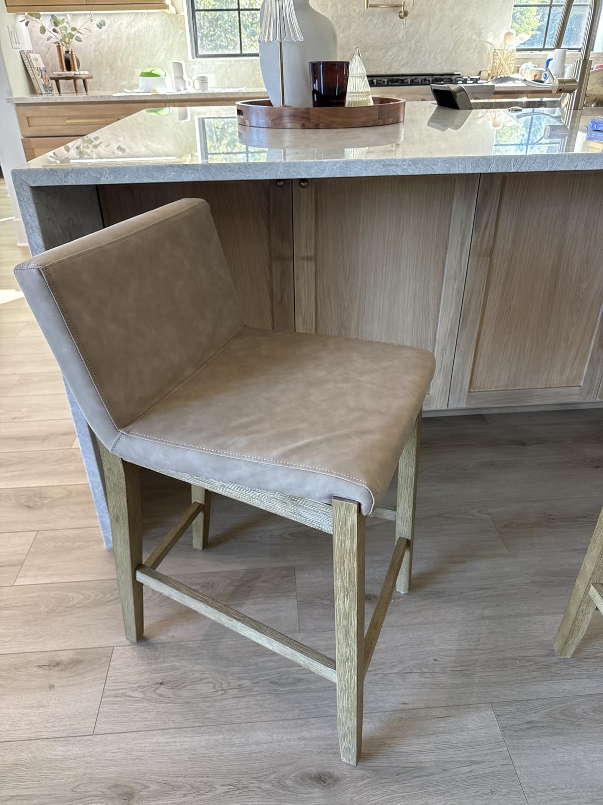 Nathan James Gracie Modern Counter Height Bar Stool with Back, Counter Stool Upholstered Chair with Natural Textured Linen and Brushed Wooden Legs, Cream Boucle/Dark Brown - Customer Photo 1