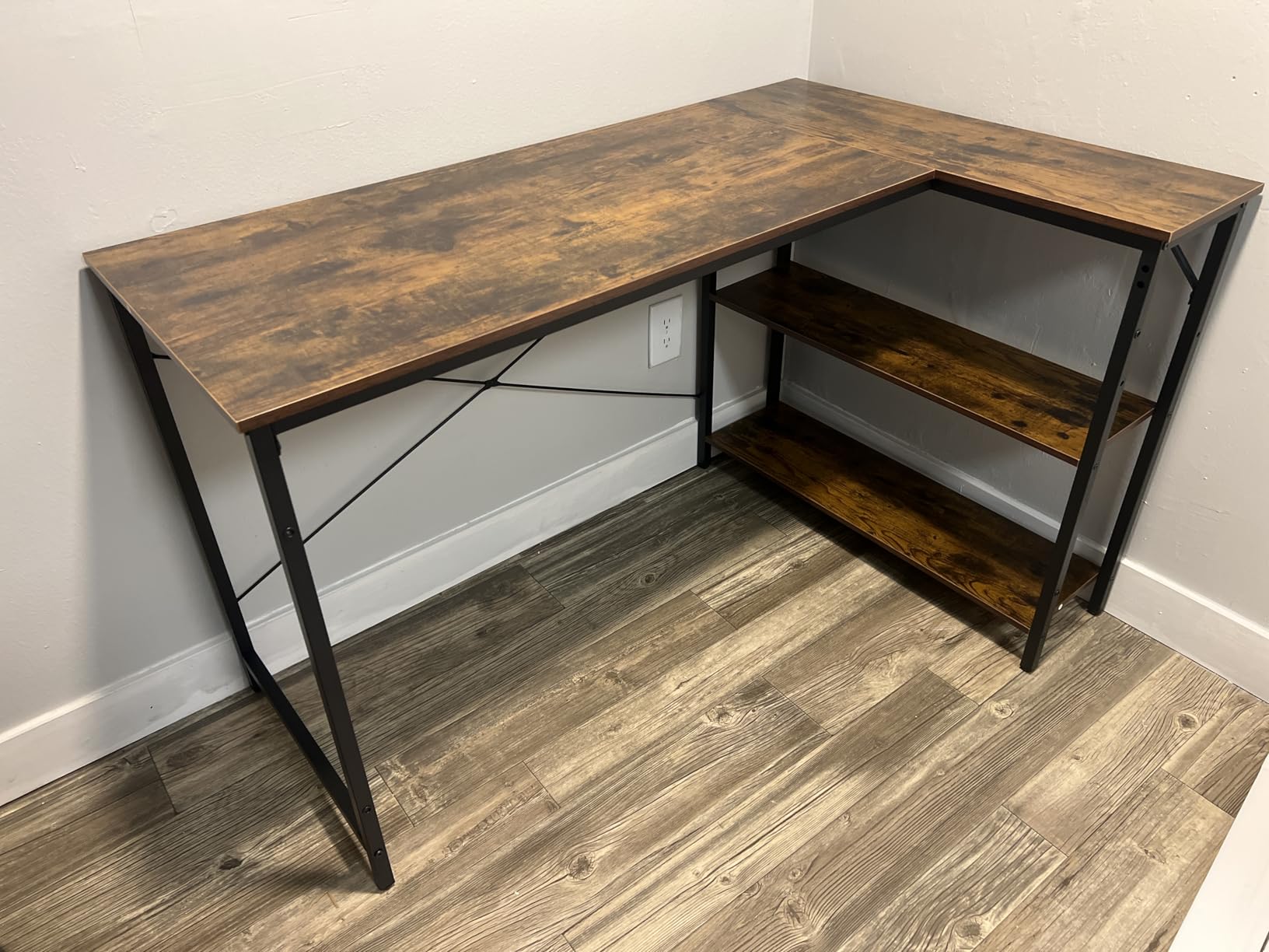 Huuger 47 Inches L Shaped Desk, Computer Desk with Reversible Storage Shelves, for Gaming Corner Home Office Writing Study, Metal Frame, Rustic Brown - Customer Photo 2