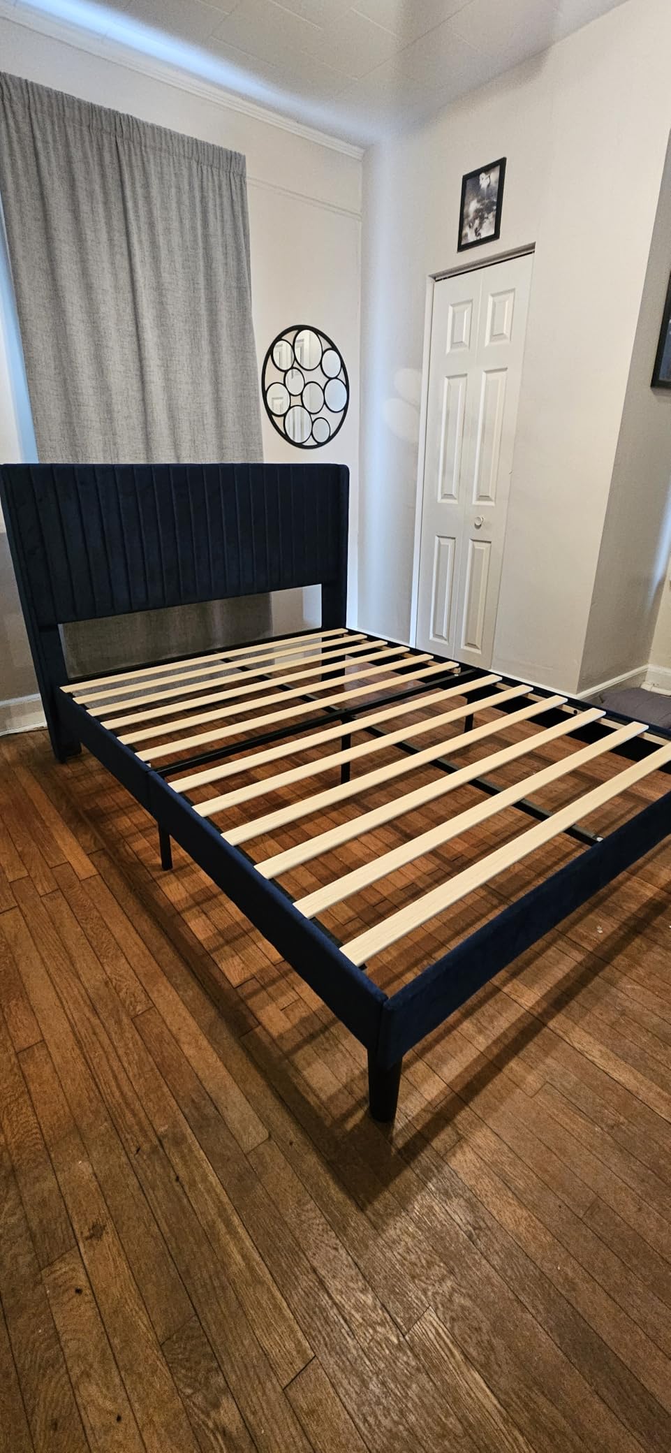 Allewie Queen Size Velvet Bed Frame/Vertical Channel Tufted Wingback Headboard/Upholstered Platform Bed/Strong Wooden Slats/No Box Spring Needed/Easy Assembly/Black - Customer Photo 1
