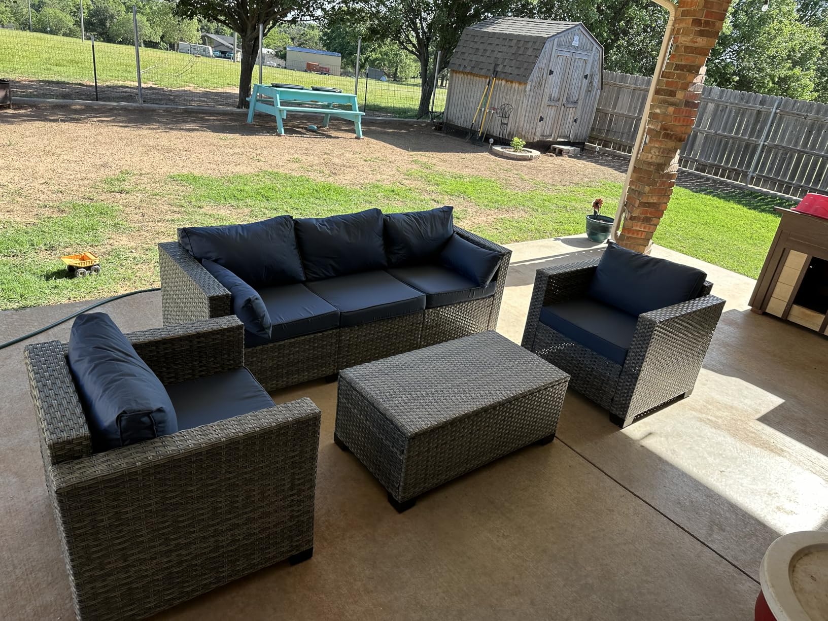 Lviden 4 Piece Wicker Patio Furniture Sets Outdoor Conversation Set PE Rattan Sectional Sofa Couch with Storage Table and Peacock Blue Cushions - Customer Photo 3