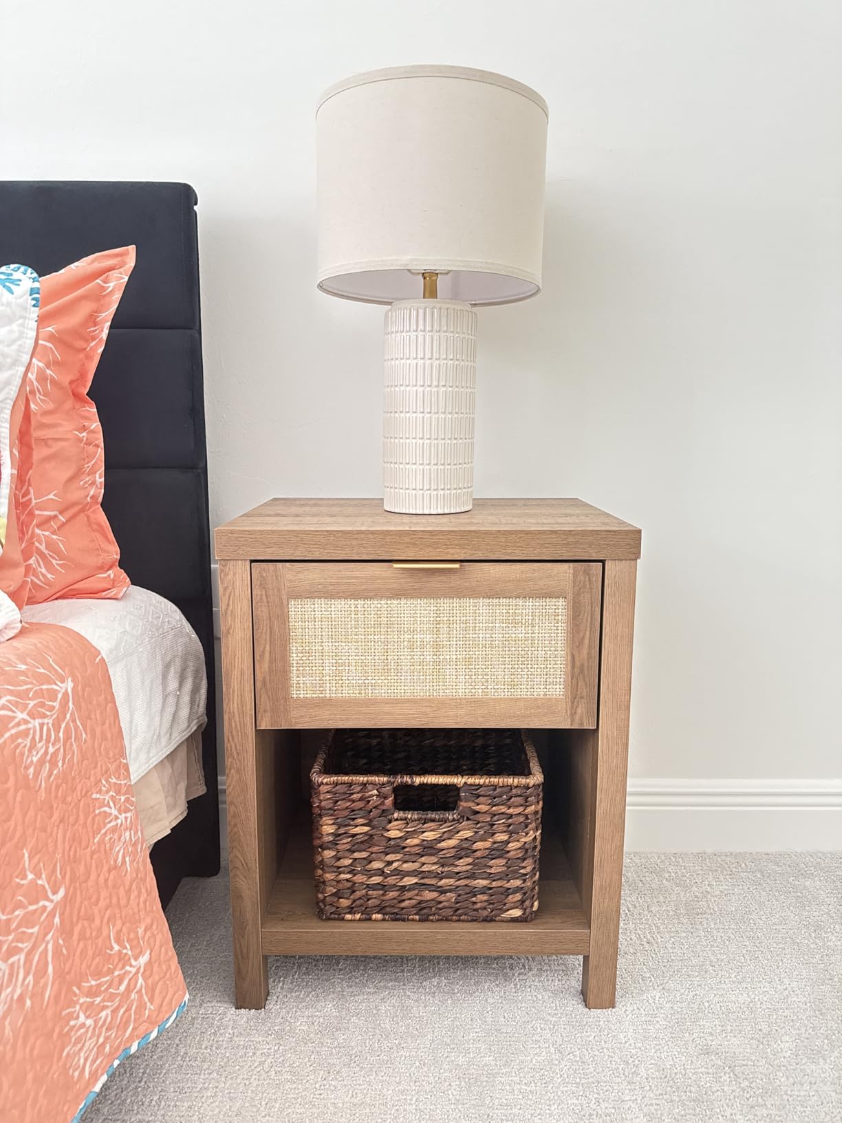 SICOTAS Rattan Nightstands Set of 2, Farmhouse Night Stand Bedside Table with Drawer and Storage Shelf - Boho End Side Table for Bedroom, Light Oak - Customer Photo 1